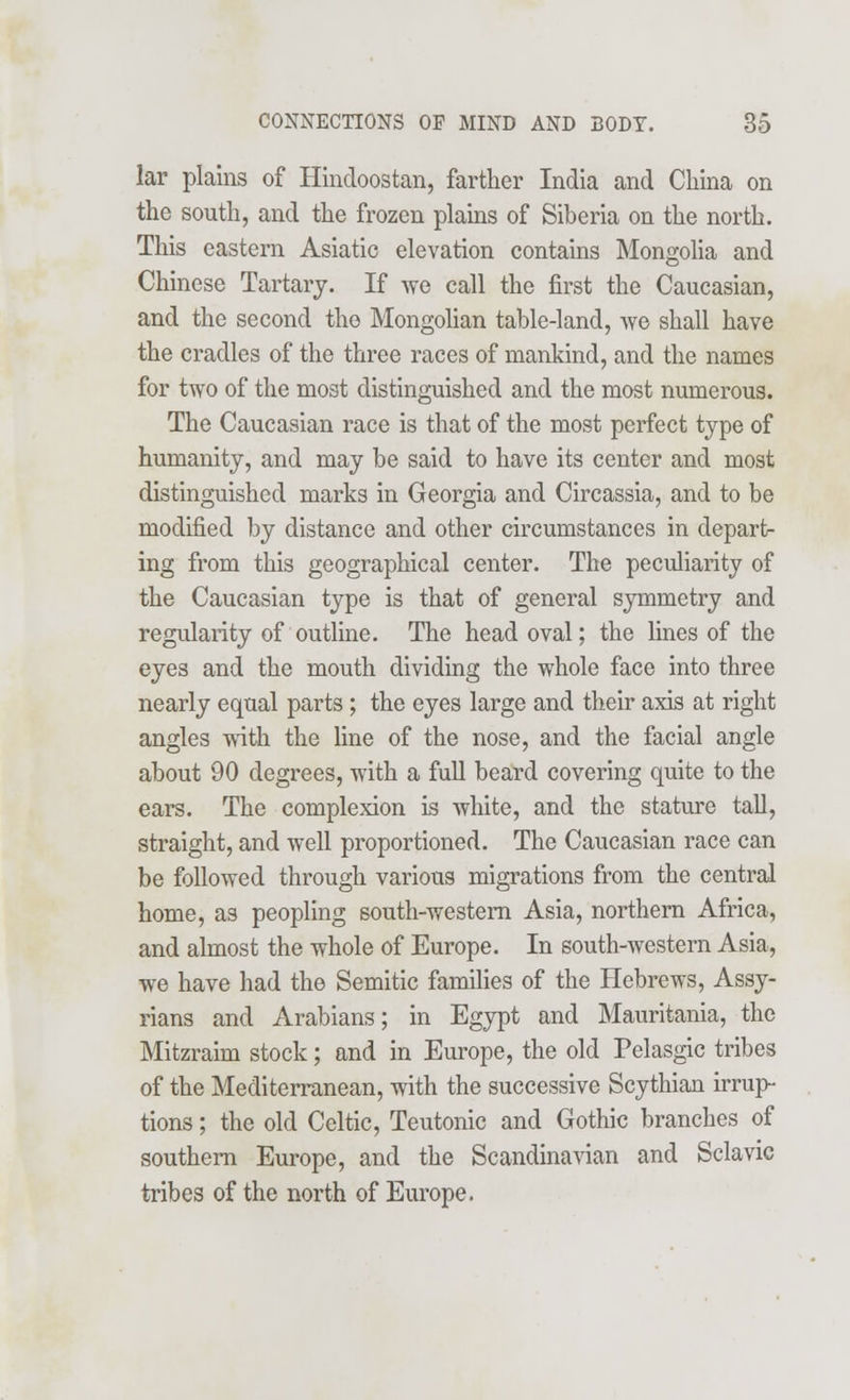 lar plains of Hindoostan, farther India and China on the south, and the frozen plains of Siberia on the north. This eastern Asiatic elevation contains Mongolia and Chinese Tartary. If we call the first the Caucasian, and the second tho Mongolian table-land, we shall have the cradles of the three races of mankind, and the names for two of the most distinguished and the most numerous. The Caucasian race is that of the most perfect type of humanity, and may be said to have its center and most distinguished marks in Georgia and Circassia, and to be modified by distance and other circumstances in depart- ing from this geographical center. The peculiarity of the Caucasian type is that of general symmetry and regularity of outline. The head oval; the lines of the eyes and the mouth dividing the whole face into three nearly equal parts ; the eyes large and their axis at right angles with the line of the nose, and the facial angle about 90 degrees, with a full beard covering quite to the ears. The complexion is white, and the stature tall, straight, and well proportioned. The Caucasian race can be followed through various migrations from the central home, as peopling south-western Asia, northern Africa, and almost the whole of Europe. In south-western Asia, we have had the Semitic families of the Hebrews, Assy- rians and Arabians; in Egypt and Mauritania, the Mitzraim stock; and in Europe, the old Pelasgic tribes of the Mediterranean, with the successive Scythian irrup- tions ; the old Celtic, Teutonic and Gothic branches of southern Europe, and the Scandinavian and Sclavic tribes of the north of Europe.