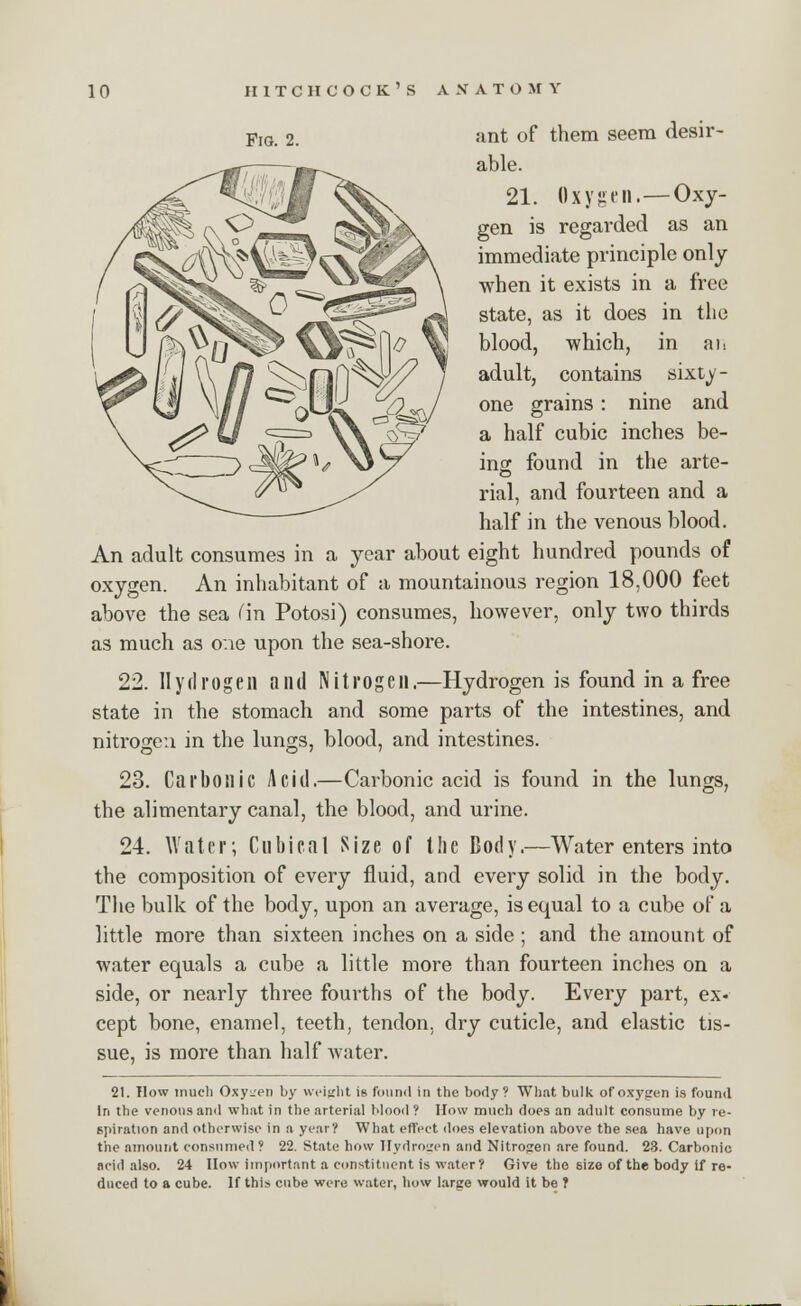 Fig. 2. ant of them seem desir- able. 21. Oxygen, — Oxy- gen is regarded as an immediate principle only when it exists in a free state, as it does in the blood, which, in an adult, contains sixty - one grains: nine and a half cubic inches be- ing: found in the arte- rial, and fourteen and a half in the venous blood. An adult consumes in a year about eight hundred pounds of oxygen. An inhabitant of a mountainous region 18,000 feet above the sea fin Potosi) consumes, however, only two thirds as much as o:ie upon the sea-shore. 22. Hydrogen and Nitrogen.—Hydrogen is found in a free state in the stomach and some parts of the intestines, and nitrogen in the lungs, blood, and intestines. 23. Carbonic Acid.—Carbonic acid is found in the lungs, the alimentary canal, the blood, and urine. 24. Water; Cubical Size of the Body.—Water enters into the composition of every fluid, and every solid in the body. The bulk of the body, upon an average, is equal to a cube of a little more than sixteen inches on a side ; and the amount of water equals a cube a little more than fourteen inches on a side, or nearly three fourths of the body. Every part, ex- cept bone, enamel, teeth, tendon, dry cuticle, and elastic tis- sue, is more than half water. 21. How much Oxygen by weight is found in the body ? What bulk of oxygen is found In the venous and what in the arterial blood? How much does an adult consume by re- spiration and otherwise in a year? What effect does elevation above the sea have upon the amount consumed? 22. State how Hydrogen and Nitrojren are found. 23. Carbonic acid also. 24 How important a constituent is water? Give the size of the body if re- duced to a cube. If this cube wore water, how large would it be ?
