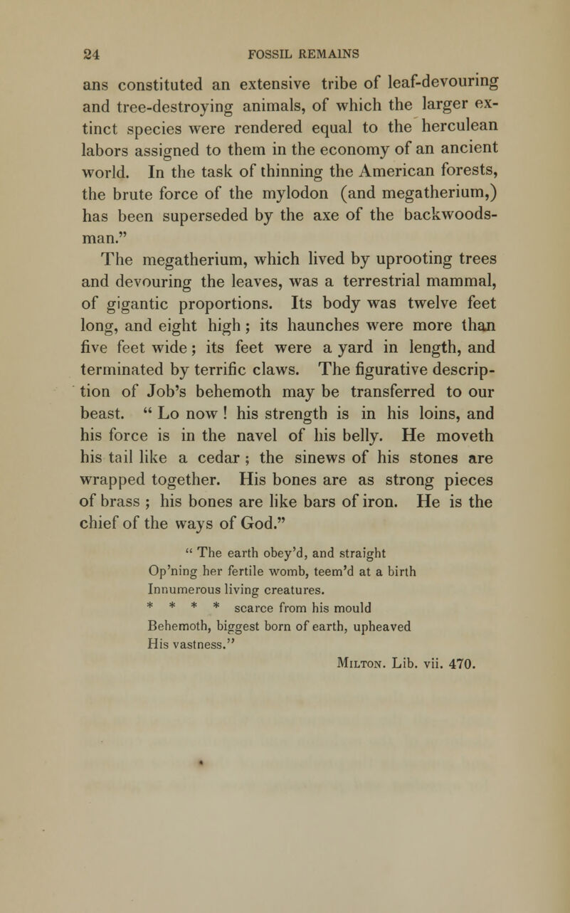 ans constituted an extensive tribe of leaf-devouring and tree-destroying animals, of which the larger ex- tinct species were rendered equal to the herculean labors assigned to them in the economy of an ancient world. In the task of thinning the American forests, the brute force of the mylodon (and megatherium,) has been superseded by the axe of the backwoods- man. The megatherium, which lived by uprooting trees and devouring the leaves, was a terrestrial mammal, of gigantic proportions. Its body was twelve feet long, and eight high; its haunches were more than five feet wide; its feet were a yard in length, and terminated by terrific claws. The figurative descrip- tion of Job's behemoth may be transferred to our beast.  Lo now ! his strength is in his loins, and his force is in the navel of his belly. He moveth his tail like a cedar; the sinews of his stones are wrapped together. His bones are as strong pieces of brass ; his bones are like bars of iron. He is the chief of the ways of God.  The earth obey'd, and straight Op'ning her fertile womb, teem'd at a birth Innumerous living creatures. * * * * scarce from his mould Behemoth, biggest born of earth, upheaved His vastness. Milton. Lib. vii. 470.