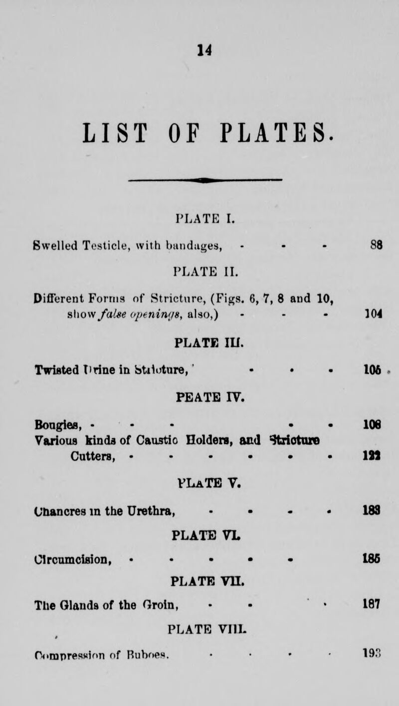 LIST OF PLATES PLATE I. Swelled Testicle, with bandages, ... 88 PLATE II. Different Forms of Stricture, (Figs. 6, 7, 8 and 10, show false openings, also,) - - - 104 PLATE III. Twisted 11rine in btiioture,' 106 PEATB IV. Bougies, ... 108 Various kinds of Caustic Holders, and 'ttrioture Cutters, IS) PLaTE V. Chancres in the Urethra, 183 PLATE VL Circumcision, ..... 186 PLATE VH. The Glands of the Groin, • - -187 PLATE VIII. P«impression of Ruhoes. .... 19.1