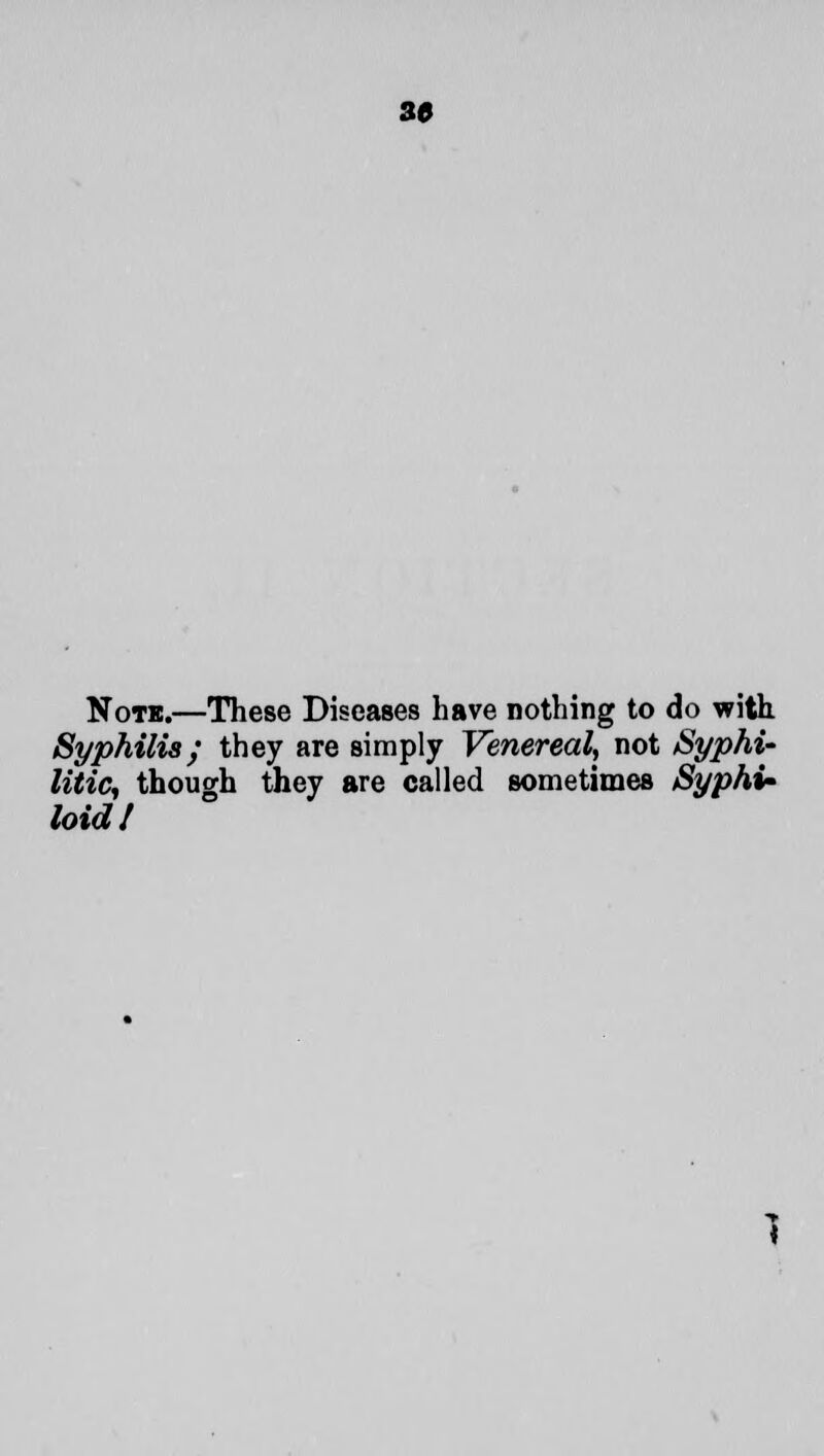 30 Notk.—These Diseases have nothing to do with Syphilis; they are simply Venereal, not Syphi- litic, though they are called sometimes SyphU loid I