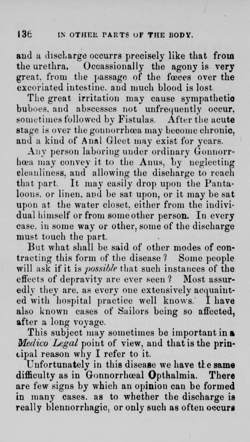 and ;i disci.arge occurr3 precisely like that from the urethra. Occassional Iy the agony is very great, from the passage of the foeees over the excoriated intestine, and much hlood is lost The great irritation may cause sympathetic buboes, and abscesses not unfrequently occur, sometimes followed by Fistulas. After the acute stage is over thegonnorrlicea may become chronic, and a kind of Anal Gleet may exist for years. Any person laboring under ordinary Gonnorr- hoea may convey it to the Anus, by neglecting cleanliness, and allowing the discharge to reach that part. It may easily drop upon the Panta- loons, or linen, and be sat upon, or it may be sat upon at the water closet, either from the indivi- dual himself or from some other person. In every case, in some way or other, some of the discharge must touch the part. But what shall be said of other modes of con- tracting this form of the disease? Some people will ask if it is possible that such instances of the effects of depravity are ever seen ? Most assur- edly they are. as every one extensively acquaint- ed with hospital practice well knows. I have also known cases of Sailors being so affected, after a long voyage. This subject may sometimes be important in a Medico Legal point of view, and that is the prin- cipal reason why I refer to it. Unfortunately in this disease we have tie same difficulty as in Gonnorrhoeal Opthalmia. There are few signs by which an opinion can be formed in many cases, as to whether the discharge is really blenuorrhagic, or only such as often occurs