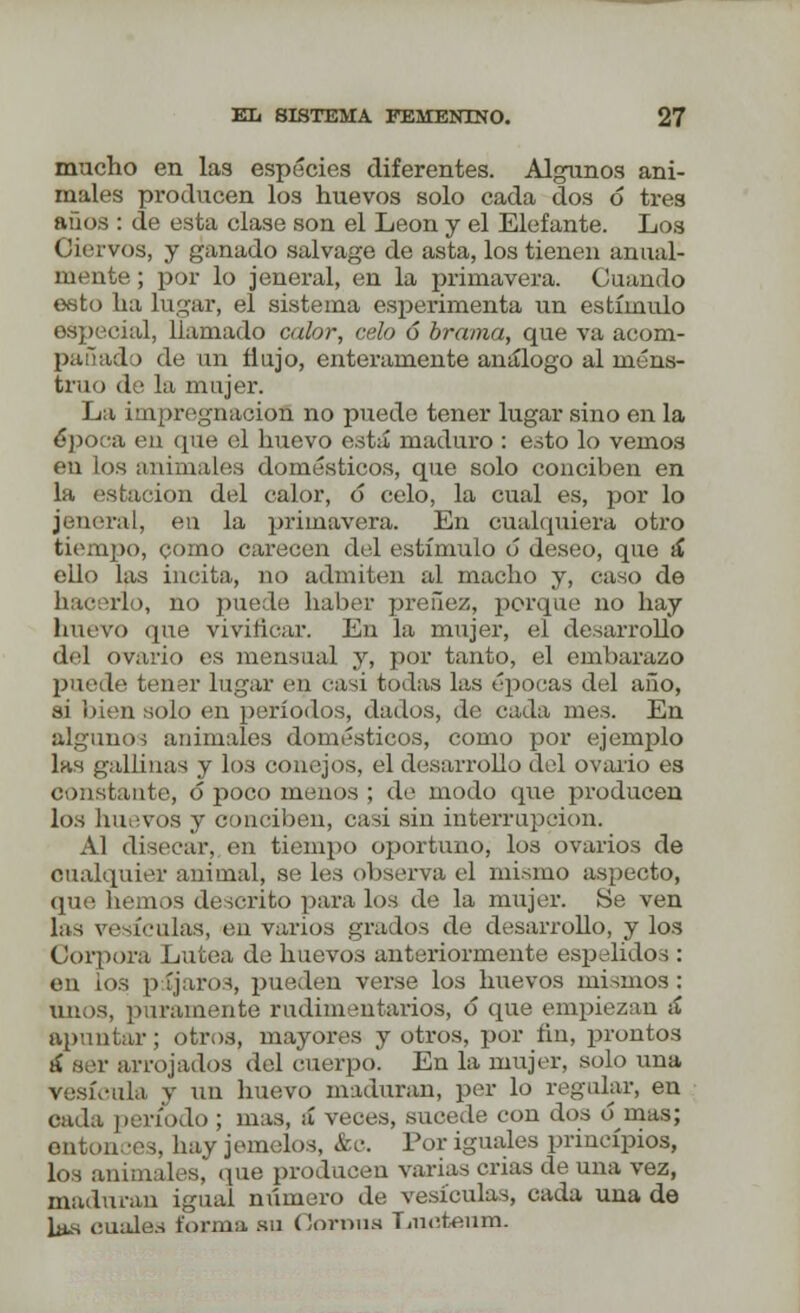macho en las especies diferentes. Algunos ani- males producen los huevos solo cada dos ó tres años : de esta clase son el León y el Elefante. Los Ciervos, y ganado salvage de asta, los tienen anual- mente ; por lo jeneral, en la primavera. Cuando esto ha lugar, el sistema esperimenta un estímulo especial, llamado calor, celo ó brama, que va acom- pañado de un flujo, enteramente análogo al mens- truo de la mujer. La impregnación no puedo tener lugar sino en la ¿poca en que el huevo está maduro : esto lo vemos en los animales domésticos, que solo conciben en la estación del calor, ó celo, la cual es, por lo jeneral, en la primavera. En cualquiera otro tiempo, como carecen del estímulo o deseo, que á ello las incita, no admiten al macho y, caso de hacerlo, no puede haber preñez, porque no hay huevo que vivificar. En la mujer, el desarrollo del ovario es mensual y, por tanto, el embarazo puede tener lugar en casi todas las épocas del año, si bien solo en períodos, dados, de cada mes. En algunos animales domésticos, como por ejemplo las gallinas y los conejos, el desarrollo del ovario es constante, 6 poco menos; de modo que producen los luí; vos y conciben, casi sin interrupción. Al disecar, en tiempo oportuno, los ovarios de cualquier animal, se les observa el mismo aspecto, que liemos descrito para los de la mujer. Se ven las vesículas, en varios grados de desarrollo, y los Oorpora Lútea de huevos anteriormente espelidos : en los píjaro-s, pueden verse los huevos mismos: unos, puramente rudimentarios, ó que empiezan a apuntar; otros, mayores y otros, por fin, prontos ií ser arrojados del cuerpo. En la mujer, solo una vesícula y un huevo maduran, per lo regular, en cada periodo ; mas, á veces, .sucede con dos 6 mas; entonces, hay jemelos, &c. Por iguales principios, los animales,' (pie producen varias crias de una vez, maduran igual número de vesículas, cada una de \¡m cuides forma su Oorrras T<neteum.