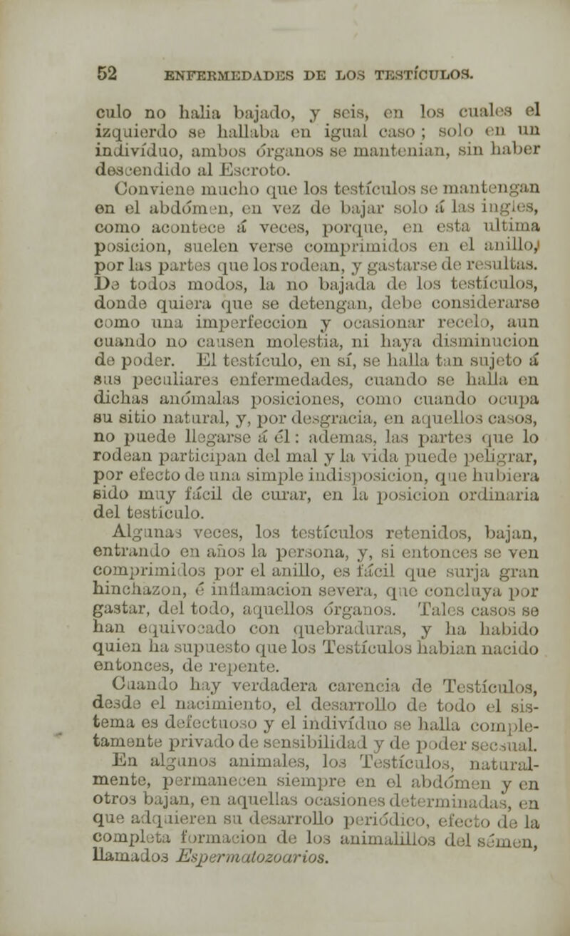 culo no halia bajado, y sois, en Loa cuales el izquierdo se hallaba en igual caso ¡ solo en un individuo, ambos órganos Be mantenían, sin haber des •rndiilo al Escroto. Conviene mucho que los testículos se mantengan en el abdomen, en vez de bajar solo álasin como acontece ¡í veces, porque, en esta u] posición, suelen verse comprimidos en el anillo, por las partes que los rodean, y gastarse de resultas. Da todos modos, la no bajada de Los testículos, donde quiera que se detengan, d be considerarse como una imperfección y ocasionar recelo, aun cuando no causea molestia, ai haya disminución de poder. El testículo, en SÍ, se halla tan SU] sus peculiares enfermedades, cuando .se halla en dichas anómalas posiciones, como cuando ocupa su sitio natural, y, por desgracia, en aquellos casos, no puede llegarse a* él: ademas. Jas partes que lo rodean participan del mal y la vida puede peligrar, por efecto de una simple indisposición, que hubiera sido muy fácil de curar, en la posición ordinaria del testículo. Algunas veces, los testículos retenidos, bajan, entrando en años la persona, y, si en e ven comprimidos por el anillo, es fácil que surja gran hinchazón, é inflamación severa, q te concluya por gastar, del todo, aquellos órga los. TaL s casos se han equivocado con quebraduras, y ha habido quien ha supuesto que los Testículos habían nacido entonces, de repente. Guando hay verdadera carencia de Testículos, desde el nacimiento, el desarrollo de todo el sis- tema es defecl lo io y el individuo se halla c< - tamente privado de sensibilidad y de poder secsuaL En algunos animales, los Testículos, natural- mente, permanecen siempre en el abdomen y en otros bajan, en aquel!;,,, ocaskw que adquieren su desarrollo periódico, efecto de la completa formación de los animalülos d llamados Espermatozoarios.