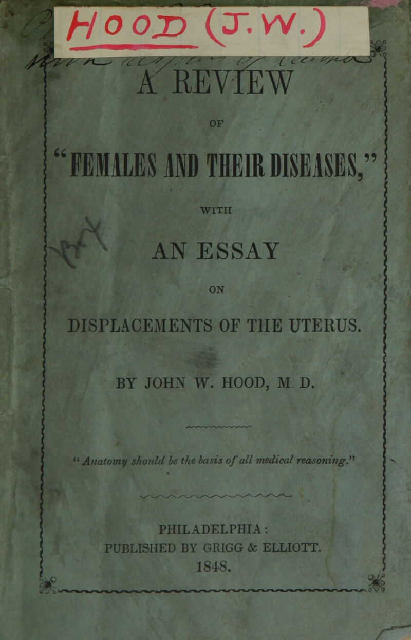 ■\Hoox) (3-wQ A REVIEW a FEMALES AND THEIR DISEASES, AN ESSAY DISPLACEMENTS OF THE UTERUS. BY JOHN W. HOOD, M D.  Anatomy should be the basis of all medical reasoning. PHILADELPHIA : PUBLISHED BY GKIGG & ELLIOTT. 1848.