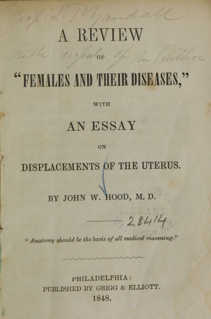 A REVIEW of FEMALESMD THEIR DISEASES, AN ESSAY DISPLACEMENTS OF THE UTERUS. BY JOHN W. HOOD, M. D. Anatomy should be the basis of all medical reasoning. PHILADELPHIA: PUBLISHED BY GRIGG & ELLIOTT. 1848.