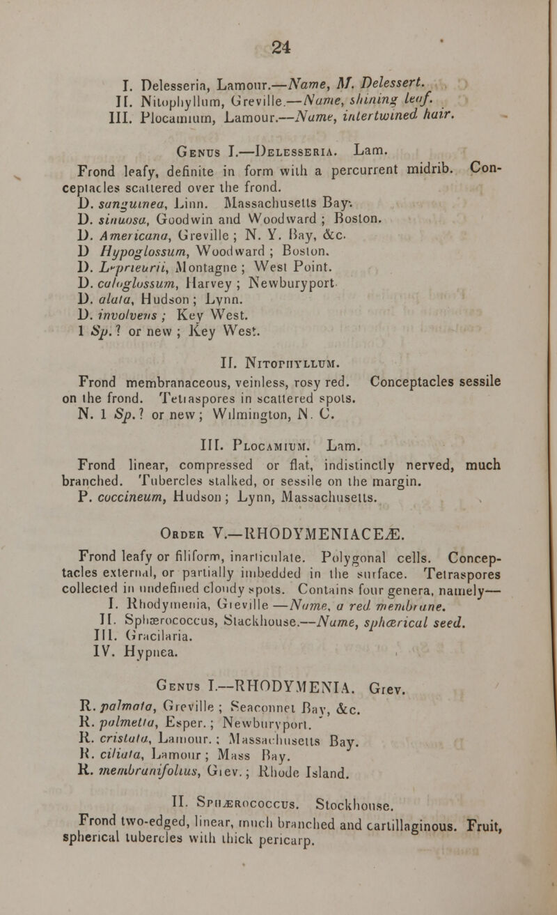 I. Delesseria, Lamour.—Name, M. Delessert. II. Nilophyllum, G'reville.—Name* shining leaf. III. Plocamium, Lamour.—Name, intertwined hair. Genus I.—Delesseria. Lam. Frond leafy, definite in form with a percurrent midrib. Con- ceptacles scattered over the frond. D. sanguinea, Linn. Massachusetts Bay*. D. sinuosa, Goodwin and Woodward ; Boston. D. Americana, Greville ; N. Y. Bay, &c D Hypoglossum, Woodward ; Boston. 1). L'prieorii, Montague; West Point. D. caloglussum, Harvey ; Newburyport D. alata, Hudson; Lynn. D. involvens ; Key West. 1 Sp. 1 or new ; Key West. If. NlTOriJYLLUM. Frond membranaceous, veinless, rosy red. Conceptacles sessile on ihe frond. Tetiaspores in scattered spots. N. 1 Sp. ? or new; Wilmington, JN. C. III. Plocamium. Lam. Frond linear, compressed or flat, indistinctly nerved, much branched. Tubercles stalked, or sessile on the margin. P. coccineum, Hudson; Lynn, Massachusetts. Order V.—RHODYMENIACE.E. Frond leafy or filiform, inarticulate. Polygonal cells. Concep- tacles external, or partially imbedded in the surface. Tetraspores collected in undefined cloudy spots. Contains four genera, namely— I. Rhodymenia, Gieville —Name, a red membrane. II. Sphosrococcus, Stackhouse.—Name, sphcerical seed. III. Gracilaria. IV. Hypnea. Genus I.—RHODYMENIA. Grev. R. paJmafa, Greville ; Seaconnet Bay, &c. R. polmetia, Esper.; Newburyport. R. cristuta, Lamour.; Massachusetts Bay. R. ciliata, Lamour ; Mass Bay. R. membranifolius, Giev.; Rhode Island. II. Spiusrococcus. Stockhouse. Frond two-edged, linear, much branched and cartillaginous. Fruit, spherical tubercles with thick pericarp.