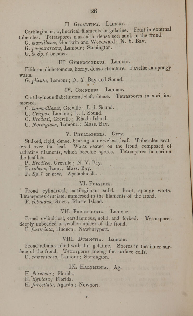 II. Gigartina, Lamour. Cartilaginous, cylindrical filaments in gelatine. Fruit in external tubercles. Tetraspores massed in dense sori sunk in the frond. G. mamillosus, Goodwin and Woodward; N. Y. Bay. G. purpurascens, Lamour; Stoninglon. G. 2 Sp. ? or new. III. Gymnogondrus. Lamour. Filiform, dichotomous, horny, dense structure. Favellse in spongy warts. G. plicata, Lamour; N. Y. Bay and Sound. IV. Chondrus. Lamour. Cartilaginous flabelliform, cleft, dense. Tetraspores in sori, im- mersed. C. mammillosus, Greville ; L. I. Sound. C. Crispus, Lamour; L. I. Sound. C. Brodceii, Greville ; Rhode Island. C. Norvigicus, Lamour,; Mass. Bay. V, Phyllophora. Grev. Stalked, rigid, dense, bearing a nerveless leaf. Tubercles scat- tered over the leaf. Warts seated on the frond, composed of radiating filaments, which become spores, Tetraspores in sori on the leafllets. P. Brodiece, Greville ; N. Y. Bay. P. rubens, Lam. ; Mass. Bay. P. Sp. ? or new. Apalachicola. VI. PoLYIDES. ' Frond cylindrical, cartilaginous, solid. Fruit, spongy warts. Tetraspores cruciate, immersed in the filaments of the frond. P. rotundus, Grev.; Rhode Island. VII. Furcellaria. Lamour. Frond cylindrical, cartilaginous, solid, and forked. Tetraspores deeply imbedded in swollen apices of the frond. Y .fastigiata, Hudson; Newburyport. VIII. Dumontia. Lamour. Frond tubular, filled with thin gelatine. Spores in the inner sur- face of the frond. Tetraspores among the surface cells. D. ramentacea, Lamour ; Stonington. IX. Halymenia. Ag. H. florensia; Florida. H.ligulata; Florida. H. furcellata, Agardh ; Newport.