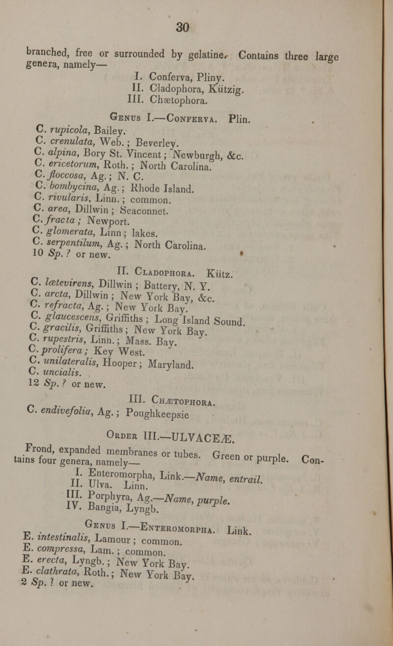 branched, free or surrounded by gelatine, Contains three large genera, namely— ° I. Conferva, Pliny. II. Cladophora, Kiitzig. III. Chaetophora. Genus I.—Conferva. Plin. C rupicola, Bailey. C. crenulata, Web.; Beverley. C. alpina, Bory St. Vincent; Newburgh, &c. C. encetorum, Roth.; North Carolina. C.floccosa, Ag.; N. C. C. bombycina, Ag.; Rhode Island. C. rivularis, Linn.; common. C. area, Dill win ; Seaconnet. C.fracta; Newport. C glomerata, Linn ; lakes. C. serpentilum, Ag.; North Carolina. 10 Sp. ? or new. II. Cladophora. Kiitz. C. latevirens, Dillwin ; Battery N Y C. arcta, Dillwin ; New York Bay,' &c C. refracta, Ag.; New York Bay. C. glaucescens Griffiths ; Long Island Sound. C. gracilis, Griffiths ; New York Bay C. rupestns, Linn.; Mass. Bay. C.prolifera; Key West. C. unilateralis, Hooper; Maryland. C uncialis. 12 Sp. ? or new. III. CfcLETOPHORA. C. endivefolia, kg.; Poughkeepsie Order III.—ULVACE.E. Frond, expanded membranes or tuhps pfOD tains four genera, namely- Gfeen 0r PurPle- Con- I. Enteromorpha, Lmk.-Name, entrail. 11. Ulva. Linn. III. Porphyra, kg.—Name, purple. IV. Bangia, Lyngb. Genus I.-Enteromorpha. Link. L. mtestinahs, Lamour ; common E. compressa, Lam. ; common E. crcrfa, Lyngb. ; New York Bay. h.clathrata, Roth.; New York Bay 2 Sp. ? or new. J