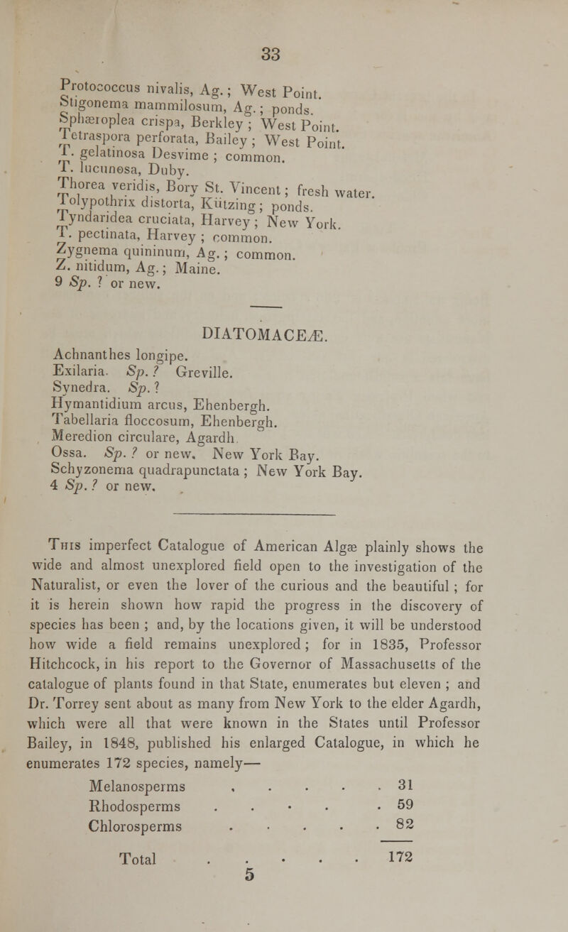 Pyococcus nivalis, Ag.; West Point fctigonema mammilosum, Ag.; ponds. Sphagioplea crispa, Berkley ; West Point 1 etraspora perforata, Bailey ; West Point. l.geJatinosa Desvime ; common. T. lucunosa, Duby. Thorea veridis, Bory St. Vincent; fresh water, 1 olypothnx distorta, Kiitzing ; ponds. Tyndandea cruciata, Harvey; New York. 1. pectinata, Harvey ; common. Zygnema quininum, Ag.; common. Z. nitidum, Ag.; Maine. 9 Sp. ? or new. DIATOMACE.E. Achnanthes longipe. Exilaria. Sp. ? Greville. Synedra. Sp. ? Hymantidium arcus, Ehenbergh. Tabellaria floccosum, Ehenbercrh. Meredion circulare, Agardh. Ossa. Sp. ? or new. New York Bay. Schyzonema quadrapunctata ; New York Bay. 4 Sp. ? or new. This imperfect Catalogue of American Algae plainly shows the wide and almost unexplored field open to the investigation of the Naturalist, or even the lover of the curious and the beautiful ; for it is herein shown how rapid the progress in the discovery of species has been ; and, by the locations given, it will be understood how wide a field remains unexplored; for in 1835, Professor Hitchcock, in his report to the Governor of Massachusetts of the catalogue of plants found in that State, enumerates but eleven ; and Dr. Torrey sent about as many from New York to the elder Agardh, which were all that were known in the States until Professor Bailey, in 1848, published his enlarged Catalogue, in which he enumerates 172 species, namely— Melanosperms , . . • .31 Rhodosperms .... .59 Chlorosperms 82 Total . .... 172