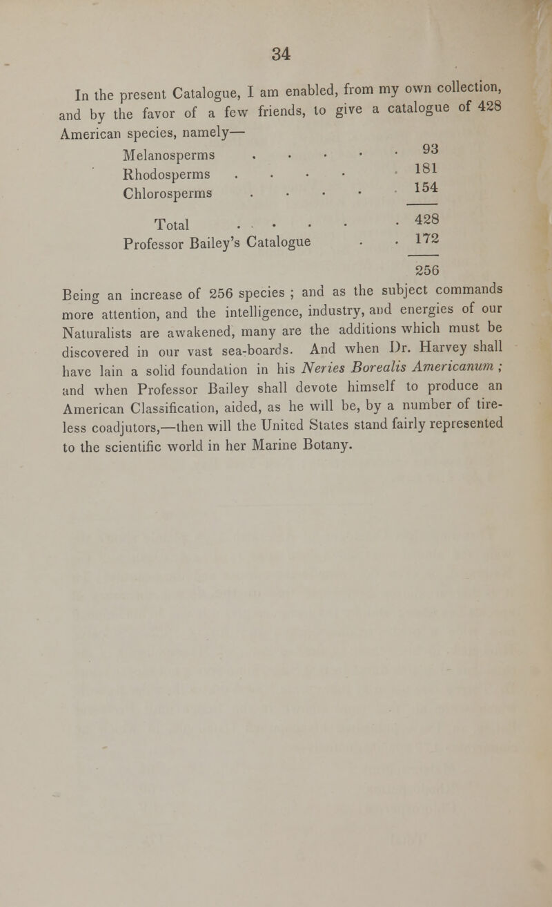 In the present Catalogue, I am enabled, from my own collection, and by the favor of a few friends, to give a catalogue of 428 American species, namely— Melanosperms Rhodosperms . • • • ' 10 Chlorosperms lD* Total ..... -428 Professor Bailey's Catalogue . .172 256 Being an increase of 256 species ; and as the subject commands more attention, and the intelligence, industry, and energies of our Naturalists are awakened, many are the additions which must be discovered in our vast sea-boards. And when Dr. Harvey shall have lain a solid foundation in his Neries Borealis Americanum ; and when Professor Bailey shall devote himself to produce an American Classification, aided, as he will be, by a number of tire- less coadjutors,—then will the United States stand fairly represented to the scientific world in her Marine Botany.