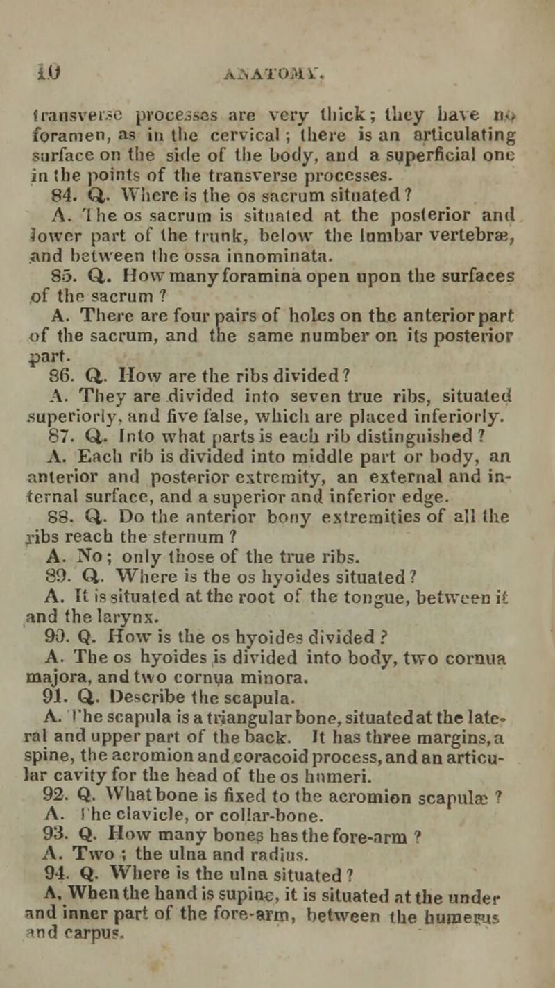 fraosver.se processes arc very thick; they ha\fc n-- foramen, as in the cervical; there is an articulating surface on the side of the body, and a superficial one in the points of the transverse processes. 84. Q,. Where is the os sacrum situated ? A. 'I he os sacrum is situated at the posterior and lower part of the trunk, below the lumbar vertebrae, and between the ossa innominata. 85. Q,. How many foramina open upon the surfaces of the sacrum ? A. There are four pairs of holes on the anterior part of the sacrum, and the same number on its posterior part. 86. Q,. How are the ribs divided ? A. They are divided into seven true ribs, situated superiorly, and five false, which are placed inferiorly. 87. Q,. Into what parts is each rib distinguished ? A. Each rib is divided into middle part or body, an anterior and posterior extremity, an external and in- ternal surface, and a superior and inferior edge. 88. Q,. Do the anterior bony extremities of all the ribs reach the sternum ? A. No; only those of the true ribs. 89. Q,. Where is the os hyoides situated? A. It is situated at the root of the tongue, between it and the larynx. 90. Q. How is the os hyoides divided ? A. The os hyoides is divided into body, two cornua majora, and two cornua minora. 91. Q,. Describe the scapula. A. the scapula is a triangular bone, situatedat the late- ral and upper part of the back. It has three margins,a spine, the acromion and coracoid process, and an articu- lar cavity for the head of the os humeri. 92. Q. What bone is fixed to the acromion scapulas 7 A. I he clavicle, or collar-bone. 93. Q. Ho\v many bones has the fore-arm ? A. Two ; the ulna and radius. 94. Q. Where is the ulna situated ? A. When the hand is supine, it is situated at the under nnd inner part of the fore-arm, between the huroecus md carpus.