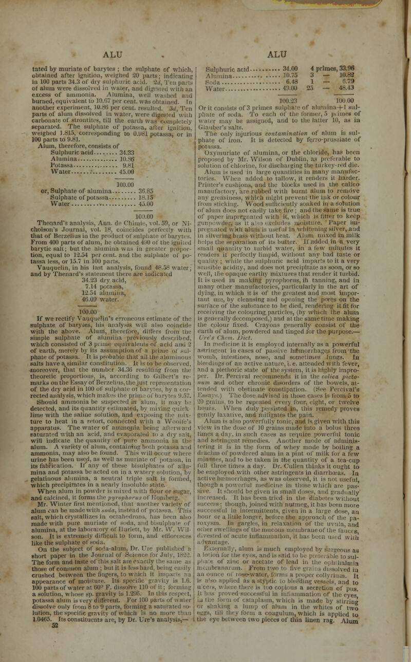 *mmmmmr ALU tated by muriate of barytes ; the sulphate of which, obtained after ignition, weighed 20 parts; indicating in 100 parts 34.:) of dry sulphuric acid. 2d, I i n parts of alum were dissolved in water, and digested with an excess of ammonia. Alumina, well wi burned, equivalent to 10.'IT per cent, was obtained. In another experiment, 10.86 per cent, resulted. 3d, Ten parts of alum dissolved in water, were digested u ith carbonate of slrontites, till the earth separated. The sulphate of potassa, weighed 1.815, corresponding to 0.981 pots 100 parts to 9.81. Alum, therefore, consists of Sulphuric acid 3433 Alumina 10.98 Votas.su 9.81 Water : 45.00 100.00 or, Sulphate of alumina 3C.85 Sulphate of potassa 18.IS Water 45.00 100.00 Thonard's analysis, Ann. de Chimie, vol. 50, or Ni- cholson's Journal, vol. 18, coincides that of Berzelius in the product of sulphate of barytes. From 400 parts of alum, he obtained 490 of the ignited baryticsalt; but the alumina was in tion, equal to 12.54 pet cent, and the sulphate of po- tassa less, or 15.1 in 100 pans. Vauquelin, in his last analysis, found 48.58 water; and by Thenard's statement there are indicated 34.23 dry acid, 7.14 p 12.54 alumina, 46.09 water. 100.00 If we rectify Vauquelin's erroneous estimate of the sulphate of barytes, his analysis will also coincide with the above. Alum, therefore, differs from the simple sulphate of alumina previously described, which consisted of 3 prime equivalents of acid and 2 of earth, merely by its assumption of a prime ol sul- phate of potassa. It is probable that ail the aluminous salts have a, similar constitution. It is to be •moreover, that the number M.'Mi resulting from the theoretic proportions, is, according to Gilbert's re- marks on the Essay of Berzelius, the ju of the dry acid in 1(10 of sulphate ofbarvtes, by a I or- rected analv sis, which makes the prime of barytes 0.57. Should ammonia be suspected in alum, it may b • detected, and its quantity estimated, by mixing quick lime with the saline solution, and exposing ture to heat in a retort, connected with a Woolfe's apparatus. The water of ammonia being afterward saturated with an acid, and e\ a dry salt, will indicate the quantity of pure ammonia in the alum. A variety of alum, containing both po ammonia, may also be found. This will occur where urine has been used, ;is well as muriate of potassa, in its fabrication. If any of these bisulphates of ailu- mina and potassa be acted on in a watery solution, by gelatinous alumina, a neutral triple salt is formed, which precipitates in a nearly insoluble state. When alum in powder is mixed v. ith floui and calcined, it forms the pyrophorusof Hoi Mr. Winter first mentioned, that another \ alum cart be made with soda, instead of potassa. This salt, which crystallizes in octahedrons, has been also made with pure muriate of soda, and bisulpbate of alumina, at the laboratory ot Eluriett, bj Mr. W. Wil- son. It is extremely difficult to form, and effloresces like the sulphate of soda. On the subject of soda-alum, Dr. I/re published a short paper in the Journal of Science for JhIv, 1822. The form and taste of this salt are exactly the same as those of common alum ; but it is less haul, h. crushed between the fingers, to which it im appearance of moisture. Its specific gravity is 1.6. 100 parts of water at 60° F. dis ; forming a solution, whose sp. gravity is 1.296. In li potassa alum is very dilferent. For 100 parts of n tiler dissolve only from 8 to (I parts, foiming a saturated so- lution, the specific gravity of Which is no more than 1.0465. Its constituents are, by Dr. Ure's analysis,— 52 ALU Sulphuric acid 34.00 4 primes, 33.96 Alumina 10.75 3 - 10.82 ■ 6.48 1 — Water 49.00 25 — 48.43 11X1.23 100.00 Or it consists of 3 primes sulpha eof alirminaH-1 sul- of soda. To each of the former, 5 primes of .ml, and to the hitter 10, as in Glauber's salts. The only injurious contamination of alum is sul- phate of iron. It is detected by ferrp-prussiate of fetaSSa. Oxymuriate of alumina, or the chloride, has been proposed by Mr. Wilson of Dublin, as preferable to solution of chlorine, tor discharging the turkey-red die. Alum is used in large quantities in man)- manurac- When added to tallow, it renders it harder. Printer's cushions, and the blocks used in the calico manufactory, 'are rubbed with burnt alum to remove any greasiness, which might prevent the ink or colour from sticking. Wood sufficiently soaked in a solution of alum does not easily take fire; and the same is true of paper impregnated with it, which is litn-i to keep gunpowder as it a > excludes rgoisture. Paper iui- pn limited w kh alum is useful in whitening silver, and in silvering brass without heat. Alum mixed in milk helps the separation of its butter. If added in a very small quantity to turbid water, in a few minutes it it perfectly limpid, without any had taste or quality; while the sulphuric acid imparts to it a very acidity, and does noi precipitate as soon, or so well, ihe opaque earthy mixtures that render it turbid. it K used in making pyrophorus, ih tanning, and in many other manufactories, particularly in the art of dying, in which it is of the greatest and most impor- tant use, by cleansing and opening the pores on the surface of the substance to be died, rendering it fit for receiving the colouring,particles, (by which the alum is generally decomposed,) and at the same time making inn fixed, ('rayons generally consist of the earth of alum, powdered and tinged for the purpose.— C re's ( 7/;». Diet. In medicine it is employed internally as a powerful til in cases of passive hemorrhages from'the womb, intestines, nose, and sometimes lungs. In bleedings of an active nature, i. e. attended with fever, and a plethoric state of the system, i( is highly impro- per. Dr. Percival recommends it in the colica picte- iium arid other chronic disorders of the bowels, at- tended with obstinate constipation. (See Percival's The dose advised in these cases is from 5 to ns to be rep! ated every four, eight, or twelve hours. When duly persisted in, this remedy proves gently laxative, and mitigates the pain. Alum is also powerfully tonic, and is given with this view in the dose of 10 grains made into a bolus three a day, in such cases as requite powerful tonic and astringent remedies. Another mode of ndminis- tering it is in the form of whey made by boiling a drachm of powdered alum in a pint of milk for a few minutes, and to be taken in the quantity of a tea-cup full tin i'. Dr. Cullen thinks it ought to be employed with other astringents in diarrhoeas. In active hemorrhages, as was observed, it is noi useful, though a powerful medicine in those which are pas- It should be given in small doses, and gradually ed. It has been tried in the diabetes without : though, joined with nutmeg, it has been more ii in intermittents, i ise, an hour oralitil: ■ the approach of the pa- roxysm. In gargles, in relaxation of the uvula, and oner swellings of the mucous membrane of the fauces d of acute inflammation, it h ,WI|J a Ivantage. mail/, alum is much employed hy lurgeons as a lotion lor the eyes, and is said to I | , su]. of zinc or acetate of lead drrcia meuibranarum. From two to five grains dissolved iu an oum , ollyrium. It is also applied as a styptit to bleemng vessels, and to '. here there is t< o copious a secretion of pus. It has proved successful in inflammation of the eyes' . bich is made by stirring ting a lump of alum in the whites of two eggs, till they form a eoagulum, which is applied to the eye between two pieces of thin linen rag. Alum