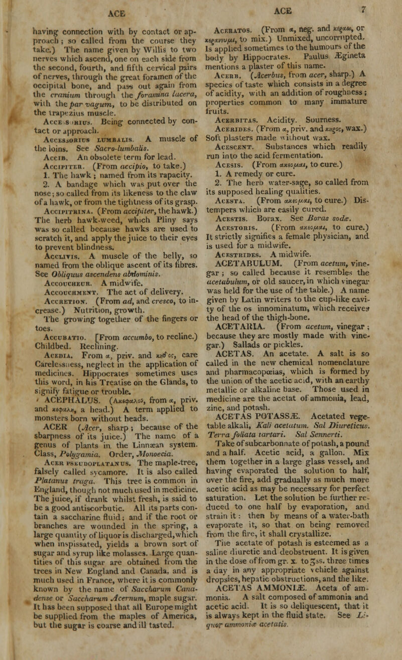 having connection with by contact or ap- proach ; so called from the course they take.) The name given by Willis to two nerves which ascend, one on each side from the second, fourth, and fifth cervical pairs of nerves, through the great foramen of the occipital bone, and paw out again from the cranium through the foramina lucera, with the par vagum, to be distributed on the trapezius muscle. Acce s ihius. Being connected by con- tact or approach. AecESiomus lumbalis. A muscle of the loins. See Sacro-lumbalis. Accib. An obsolete term for lead. Accipiter. (From accipio, to take.) 1. The hawk ; named from its rapacity. 2. A bandage which was put over the nose-, so called from its likeness to the claw of a hawk, or from the tightness of its grasp. Accipitrina. (From accipiter, the hawk.) The herb hawk-weed, which Pliny says was so called because hawks are used to scratch it, and apply the juice to their eyes to prevent blindness. Accuvis. A muscle of the belly, so named from the oblique ascent of its fibres. See Obliquus ascendens abdominis. Accouchecr. A midwife. Accouchment. The act of delivery. Accretion. (From ad, and cresco, to in- crease.) Nutrition, growth. The growing together of the fingers or toes. Accubatio. [From accumbo, to recline.) Childbed. Reclining. Acedia. From a., priv. and xxfcc, care Carelessness, neglect in the application of medicines. Hippocrates sometimes uses this word, in his Treatise on the Glands, to signify fatigue or trouble. - ACEPHALUS. (Ax.i$*\oi, from a, priv. and Kt^uAM, a head.) A term applied to monsters born without heads. ACER (Acer, sharp ; because of the sharpness of its juice.) The name of a genus of plants in the Linnsean system. Class, Polygamia. Order, Monoecia. Acer pseudoplatanus. The maple-tree, falsely called sycamore. It is also called Platanus traga. This tree is common in England, though not much used in medicine. The juice, if drank whilst fresh, is said to be a good antiscorbutic. All its parts con- tain a saccharine fluid; and if the root or branches are wounded in the spring, a large quantity of liquor is dischaiged,which when inspissated, yields a brown sort of sugar and syrup like molasses. Large quan- tities of this sugar are obtained from the trees in New England and Canada, and is much used in France, where it is commonly known by the name of Saccharum Cana- dense or Saccharum Acernum, maple sugar. It has been supposed that all Europe might be supplied from the maples of America, but the sugar is coarse and ill tasted. ACE 7 Aceratos. (From «, neg. and *■%<*&, or nt^viwiM, to mix.) Unmixed, uncormpted. Is applied sometimes to the humours of the body by Hippocrates. Paulus iEgineta mentions a plaster of this name. Acerb. (Acerbus, from acer, sharp.) A species of taste which consists in a degree of acidity, with an addition of roughness; properties common to many immature fruits. Acerbitas. Acidity. Sourness. Acerides. (From a, priv. and kh^os, wax.) Soft plasters made knout wax. Acescent. Substances which readily run into the acid fermentation. Acesis. (From aKiopxi, to cure.) 1. A remedy or cure. 2. The herb water-sage, so called from its supposed healing qualities. Acesta. (From axio/xcu, to cure.) Dis- tempers which are easily cured. Acestis. Borax. See Boras soda. Acestoris. (From u.kio/x*j, to cure.) It strictly signifies a female physician, and is used for a midwife. Acestrides. A midwife. ACETABULUM. (From acetum, vine- gar ; so called because it resembles the acetabulum, or old saucer, in which vinegar was held for the use of the table.) A name given by Latin writers to the cup-like cavi- ty of the os innominatum, which receives the head of the thigh-bone. ACETARIA. (From acetum, vinegar ; because they are mostly made with vine- gar.) Sallads or pickles. ACETAS. An acetate. A salt is so called in the new chemical nomenclature and pharmacopoeias, which is formed by the union of the acetic acid, with an earthy- metallic or alkaline base. Those used in medicine are the acetat of ammonia, lead, zinc, and potash. ACETAS POTASS.K. Acetated vege- table alkali, Kali acetutum. Sal Diureticus. Terra foliata tartari. Sal Sennerti. Take of subcarbonnate of potash, a pound and a half. Acetic acid, a gallon. Mix them together in a large glass vessel, and having evaporated the solution to half, over the fire, add gradually as much more acetic acid as may be necessary for perfect saturation. Let the solution be further re- duced to one half by evaporation, and strain it: then by means of a water-bath evaporate it, so that on being removed from the fire, it shall crystallize. The acetate of potash is esteemed as a saline diuretic and deobstruent. It is given in the dose of from gr. x. to^AS. three times a day in any appropriate vehicle against dropsies, hepatic obstructions, and the like. ACETAS AMMONIA. Aceta of am- monia. A salt composed of ammonia and acetic acid. It is so deliquescent, that it is always kept in the fluid state. See Li- quor ammonite acetatis.