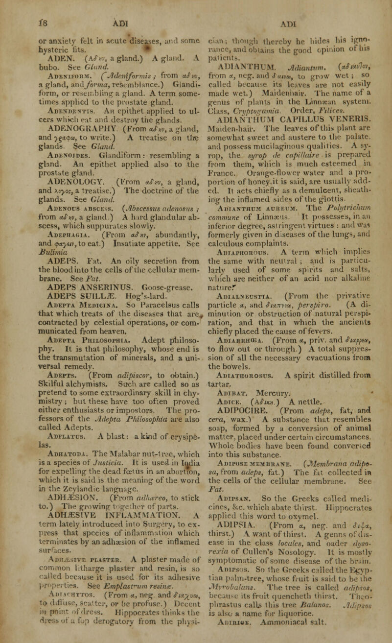 fe ADI \1>1 or anxiety felt in acute diseases, and some hysteric lits. ADEN. (A<f »r, a gland.) A gland. A bubo. See (.land. A den i form. CAdev&formte ; from &S m, a gland, mdjorma, re&emblance.) Glandi- form, or resembling a gland. A term some- times applied to the prostate gland. Adexdentis. An epithet applied to ul- cers which eat and destroy the glands. ADENOGRAPHY (From zSm, a -land, and }§*<?u), to write.) A treatise on tire glands. See Gland. Adexojdes. Glandiform : resembling a gland. An epithet applied also to the prostate gland. ADENOLOGY. (From »<f»v, a gland, and \s-ycs, a treatise.) The doctrine of the glands. See Gland. Adenous abscess. (Msccssus adenosits ; from afw, a gland.) A hud glandular ab- scess, which suppurates slowly. Adefha(u\. (From <tS»v, abundantly, and <f*}«v, to eat.) Insatiate appetite. See Bulimia ADEPS. Fat. An oily secretion from the blood into the cells of the cellular mem- brane. See Fat. ADEPS ANSERINUS. Goose-grease. ADEPS SUlLLtf:. Hog's-lard. Adepta Medici xa. So Paracelsus calls that which treats of the diseases that are^ contracted by celestial operations, or com- municated from heaven. Adepta Philosophia. Adept philoso- phy. It is that philosophy, whose end is the transmutation of minerals, and a uni- versal remedy. Adepts. (From adipiscor, to obtain.) Skilful alchymists. Such are called so as pretend to some extraordinary skill in chy- mistry ; but these have too often proved either enthusiasts or impostors. The pro- fessors of the Adepta Philosophia are also called Adepts. Adflatcs. A blast: a kind of erysipe- las. Adhatoda. The Malabar nut-tree, which is a species of Justicia. It is used in India for expelling the dead foetus in an abornon, which it is said is the meaning of the word in the Zevlandic language. ADHJESION. (From adfuereo, to stick to.) The growincr together of parts. ADHJESIVE INFLAMMATION. A term lately introduced into Surgery, to ex- press that species of inflammation which terminates by an adhaesion of the inflamed surfaces. -.ivr. plaster. A plaster made of common litharge plaster and resin, is so 'aikd because it is used for its adhesive ••ties. See Emplast^vm resinx. Aiim-httos. (From*, neg and efw^we, to diffuse, seu'tcr, or he profuse.) Decent in point r>fdre9S. Hippocrates thinks the fop derogatory from the physi- cian; though thereby he hides his igno- rance, and obtains the good opinion of his paiients. ADIANTHUM. Adianlvm. (aJWcv, from <t, neg. and «T«um», to grow wet; so called because its leaves are not easily made wet.) Maidenhair. The name of a £enus of plants in the Linnsan system. Class, Cryptogamia. Order, Ftlices. ADIANTHUM CAPILLUS VENERIS. Maiden-hair. The leaves of tin* plant are somewhat sweet and austere to the palate, and possess mucilaginous qualities. A sy- rop, the syrop de capillaire is prepared from them, which is much esteemed in F'rancc. Orange-flower water and a pro- portion ofhoney.it is said, are usually add- ed. It acts chiefly as a demulcent, sheath- ing the inflamed .sides of the glottis Adianthujm acrktm. The Polytrichum commune of Linnx'is. It possesses, in an inferior degree, astringent virtues : and was formerly given in diseases of the lungs, and calculous complaints. Adiaphorous. A term which implies the same with neutral ; and is particu- larly used of some spirits and salts, which are neither of an acid nor alkaline nature. Adialneustia. (From the privative particle a, and fuarvw, perspiro. (A di- minution or obstruction of natural perspi- ration, and that in which the ancients chiefly placed the cause of fevers. Adiahiihcba. (From *, priv. and ftu-fpw, to flow out or through.) A total suppres- sion of all the necessary evacuations lrom the bowels. Adiathoroscs. A spirit distilled from tartar. Am bat. Mercury. Adick. (aS'uh ) A nettle. ADIPOCIRE. (From adeps, fat, and cera, wax.) A substance that resembles soap, formed by a conversion of animal matter, placed under certain circumstances. Whole bodies have been found convened into this substance. Adipose membrane. (JWembrnim ndipo- sa, from adeps, fat.) The fat collected in the cells of the cellular membrane. See Fat. Adipsan. So the Greeks called medi- cines, &.c. which abate thirst. Hippocrates applied this word to oxymel. ADIPSIA. (From a, neg. and Ail-i, thirst.) A want of thirst. A genns ol ease in the class locales, and oader ilt/so- rexia of Cullen's Nosology. It is mostly symptomatic of some disease of the brain. Adipsos. So the Greeks called the Egyp- tian palm-tree, whose fruit is said to be the Myrobalatu. The tree is called aelipiot, because its fruit quencheth thirst. Tluo- phrastus calls this tree Balanos. ./,, is also a name for liquorice. Aiiiribe. Ammoniacal salt.