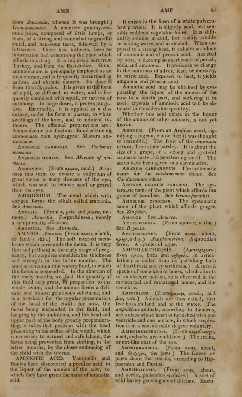 AMN from Ammonia, whence it was brought.) Gum-ammoniac. A concrete gummy-resi- nous juice, composed of little lumps, or tears, of a strong and somewhat ungrateful smell, and nauseous taste, followed by a bitterness. There has, hitherto, been no information had concerning the plant which affords th.sdrug. It is im( orted here from Turkey, and from the East-lndL-s. Gum- ammoniacum is principally employed as an expectorant,and is frequently prescribed in am lima and chronic catarrh. Its dose is from 10 to SOgrains. It is given in the form of a pill, or diffused in water, and is fre- quently combined witli squill, or tartrite of antimony. In large doses, it proves purga- tive. Externally, it is applied as a dis- cutient, under the form o- plaster, to white swellings of the knee, and to indolent tu- mours The officinal preparations are: Ammoniacum punticatum : Emplastrum ex ammoniaco cum hydragyro: Mistura am- moniac x. Ammo.nijE carbonas. See Carbonas ammonite. AMUOAia muhias. See JMuriate of am- monite. Ajimumon. (From <*./u/mo(, sand,) jEtius uses tliis term to denote a collyrium of great virtue in many diseases of the eye, which was said to remove sand or gravel from (he ryes. AMMONIUM. The metal which with oxygen forms the alkali called ammonia. See Ammonia. Amnesia. (From *, priv. and {avho-i;, me- mory.) Amnestia. Forgetfulness; mostly a symptomatic affection. Amm;stm. See Amnesia. AMNIOS. Amnion. (From x/mvoc, a lamb, or Iambus skin.) The soft internal mem- brane which surrounds the toetus. |t is very thin and pellucid in the early stage of preg- nancy, but acquires considerable thickness and strength in the latter months. The amnios contains a thin watery fluid, in which the foetus is suspended. In the abortion of the early months, we find the quantity of this fluid very great, m proportion to the whole ovum, and the amnios forms a deli- cate and almost gelatinous substance, and is a provisio i for the regular presentation of the head of the child; for now, the foetus being suspended in the fluid, and hanging by the umbilicus, and the head and upper part of the body greatly prepondera- ting, it takes that position with the head presenting to the orifice of the womb, which i-, necessary to natural and safe labour, the foetus being prevented from shifting, in the latter months, by the closer embracing of the child with the uterus. AMNIOTIC ACID. Vauquelin and Runiva have discovered a peculiar acid in the liquor of the amnios of the cow, to which they have given the name of amniotic acid. It exists in the form of a white pulveru- lent p wder. It is slightly acid, but sen- sibly reddens vegetable bines. It is diffi- cultly soluble in cold, but readily soluble in bailing water, and in alcohol. When ex- posed to a strong heat, it exhales an odour of ammonia and of prussic acid. Ass.sted by heat, it decomposes carbonate of potash, soda, and ammonia. It produces no change in the solutions of silver, lead, or mercury, in nitric acid. Exposed to he=t, it yields ampionia and prussic acid. Amniotic acid may be obtained by eva- porating the liquor of the amnios of the cow to a fourth part, and suflcring it to cool; crystals of amniotic acid will be ob- tained in considerable quantity. Whether this acid exists in the liquor of the amnios of other animals, is not yet known. Amomum. (From an Arabian word, sig- nifying a pigeon, whose foot it was thought to resemble.) The fruit of the amomum verum, True stone parsley. It is about the size of a grape, of a strong and grateful aromatic taste ...d penetrating smell. The seeds have been given as a carminative. Amomum carpamomum The systematic name for the cardamomum minus. See Cardamomum minus Amomum obascm paradisi. The sys- tematic name of the plant which affords the grains of paradise. See Gratia paradisi. Amomum zingiber. The systematic name of the plant which affords ginger. See Zingiber. Amorge. See Amurca. AMrELosAnniA. (From ctfx7rikoc, a vine.) See Bryonia. Ampuumehin'os. (From «/*<?>/, about, n/ui^A, a. da_\.) Awphemerina. A quotidian fever. A species of . gue. AMP!IIAlt 1'HUOSIS. (A/uyu^axris ; frnm cL(A.<po>, both and tt^axri;, an articu- lation; so called fron its partaking both of diarthrosisand synarthrosis.) A mixed species of connexion of bones, which admits of an obscure motion, as is observed in the metacarpal and metatarsal bones, and the vertebra:. Ami>ihiuuus. (Fromsjct^/, ambo, and /2«c, vita.) Animals are thus called, that live both on land and in the water. The amplabioiis animals, according- to Linnseus, are a class whose heart is furnished with one ventricle and one auricle, in which respira- tion is in a considerable degree voluntary. AMPHIBLESTROIDi.S. (From ctfAQt+Kxr^V, a net, and ttfos, a resemblance.) The retina, or net-like coat of the eye. Amfhibranchia. (From upqnf about, and /?gst^w, the jaws ) The fauces or parts about the tonsils, according to Hip- pocrates and Fssius. Amfhicaustis. (From ctpqt, about, and kwQh„pudendum muliebre.) A sort of wild barley growing aboot ditches. Eusta-