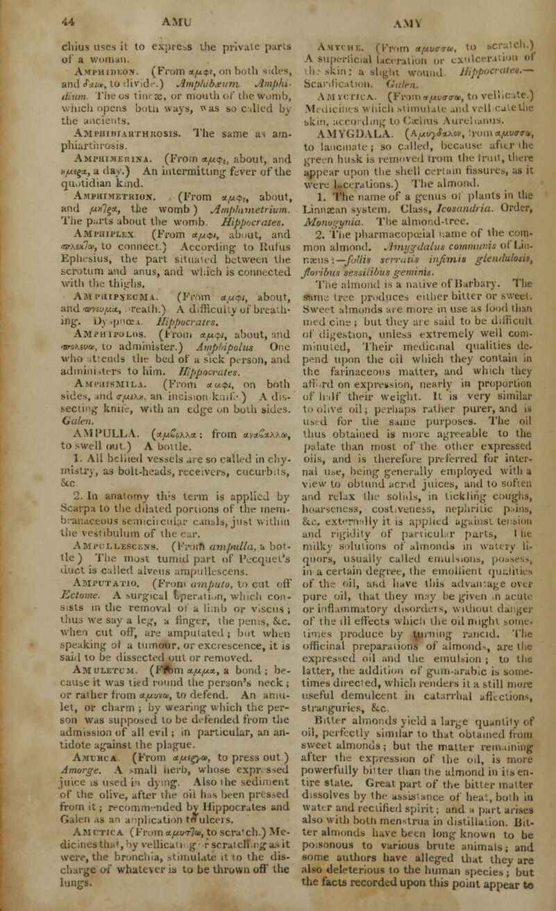 chius uses it to express the private parts of a woman. Amphiueo*. (From *fj.$i, on both sides, and fun*, to divide.) Amplubxum Jbnphi- dium. Tfteos tineas, or mouth of the womb, which opens both ways, ^as bo called by the ancients. AMi'iuruAUTHnosis. Tlie same as am- phiarthrosis. Ampui.uerixa. (From */u$h about, and tifxtgu., a day.) An intermitting fever of the quotidian kind. AMpmMETHioN. (From a.(*Qt, about, and ,»?§*, the womb) Amplumetrium. The parts about the womb. Hippocrates. Amphiplex. (From ct/u<*>i, about, and nr\txla<, to connect.) According to Rufus Ephesius, the part situated between the scrotum and anus, and which is connected with tiie thighs. Ajii'iiippunu. (From *,u$i, about, und <wrj{Aa., :>reath.) A difficulty of breath- ing. Dyspnoea. Hippocrates. Amphipolos. (From *-f*<pi, about, and troKwai, to administer.) Amphipolus One who attends the bed of a sick person, and administers to him. Hippocrates. Amphismila. (From otu<pt, on both sides, and a/xtxn. an incision knife ) A dis- secting knife, with an edge on both sides. Galen. AMPULLA. (<jUbpxx*: from awn&tXMt, to swell out.) A bottle. 1. All beliied vessels are so called in chy- rnistry, as bolt-heads, receivers, cucurbits, £tc 2. In anatomy this term is applied by Scarpa to the dilated portions of the mem- branaceous semiciicuUir canala.just within the vestibulum of the ear. Ampollebcens. (Froifl ampulla, a bot- tle ) The most tumid part of Pecquet's duct is called ulveus ampullescens. Amputatio. (From ampulo, to cut off Ectome. A surgical Operation, winch con- sists in the removal ol a limb or viscus ; thus we say a leg, a finger, the penis, Stc. when cut off, are amputated ; but when speaking of a tumour, or excrescence, it is said to be dissected out or removed. Amuletlm. (Ffcni ajU/**, a bond; be- cause it was tied round the person's neck ; or rather from oLfxvva>, to defend. An amu- let, or charm ; by wearing which the per- son was supposed to be defended from the admission of all evil; in particular, an an- tidote against the plague. A.mchla. (From a_uigya>, to press out ) Amorge. A small herb, whose expr ssed juice is used in dying. Also the sediment of the olive, after the oil has been pressed from it; recomm-nded by Hippocrates and Galen as an application tvulcers, Aphtha (From */uwr]ct), to scratch.) Me- dicines that, by vellicatii.g- r seraicli ngasit were, the bronchia, stimulate it io the dis- charge of whatever is to be thrown off the lungs. Amtche. (From atuv<na<, to B< A superficial laceration or exulceration of ikin: a slight wound. Jfippocratea.— Scarification. Galen. Amyctica. (From */i«/c<r», to veliicate.) Medicines which stimulate and veil cu ■ skin, according to Calm* Aurelianus, AMYGDALA. (Afxvyf*.Aov, Iwinxftweu, to lancinates so called, because after the green husk is removed from the fruit, there appear upon the shell certain fissures, as it were Ucerations.) The almond. 1. The name of a genus ol plants in the Linnjean system. Class, Icosandrin. Order, Monugynia. The almond-tree. 2. 'ilie pharmacopoeial name of the com- mon almond, .lmygdalus communis o( Lin- nseus i—fottia serratia infimia glendulonis, Jtoribus sessilibus geminis. Tiie almond is a native of Barbary. The sam.;. tree produces either bitter or sweet. Sweet almonds are more in use as food than med cine ; but they are said to be difficult of digestion, unless extremely well com- minuted, Their medicinal qualities de- pend upon the oil which they contain in the farinaceous matter, and which they aff.rd on expression, nearly in proportion of half their weight. It is very similar to olive oil; perhaps rather purer, and is used for the same purposes. The oil thus obtained is more agreeable to the palate than most of the other expressed oiis, and is therefore preferred for inter- nal use, being generally employed with a view to obliuid acr.d juices, and to soften and relax the solids, in tickling coughs, hoarseness, cost.veiicss, nephritic pains, &c. externally it is applied against tension and rigidity of particular parts, I in milky solutions of almonds in watery li- quors, usually called emulsions, possess, in a certain degree, the emollient qualities of the oil, ai.d have this advantage ovi c pure oil, that they may be given m acute or inflammatory disorders, without danger of the ill effects which the oil might some, times produce by turning rancid. The officinal preparations of almonds, are the expressed oil and the emulsion ; to the latter, the addition of gum-arabic is some- times directed, which renders it a still more useful demulcent in catarrhal affections, stranguries, 8tc. Bitter almonds yield a large quantity of oil, perfectly similar to that obtained from sweet almonds; but the matter remaining after the expression of the oil, is more powerfully bitter than tlie almond in its en- tire state. Great part of the bitter matter dissolves by the assistance of heat, both in water and rectified spirit; and a part arises also with botti menstrua in distillation. Bit- ter almonds have been long known to be poisonous to various brute animals; and some authors have alleged that they are also deleterious to the human species j but the facts recorded upon this point appear to