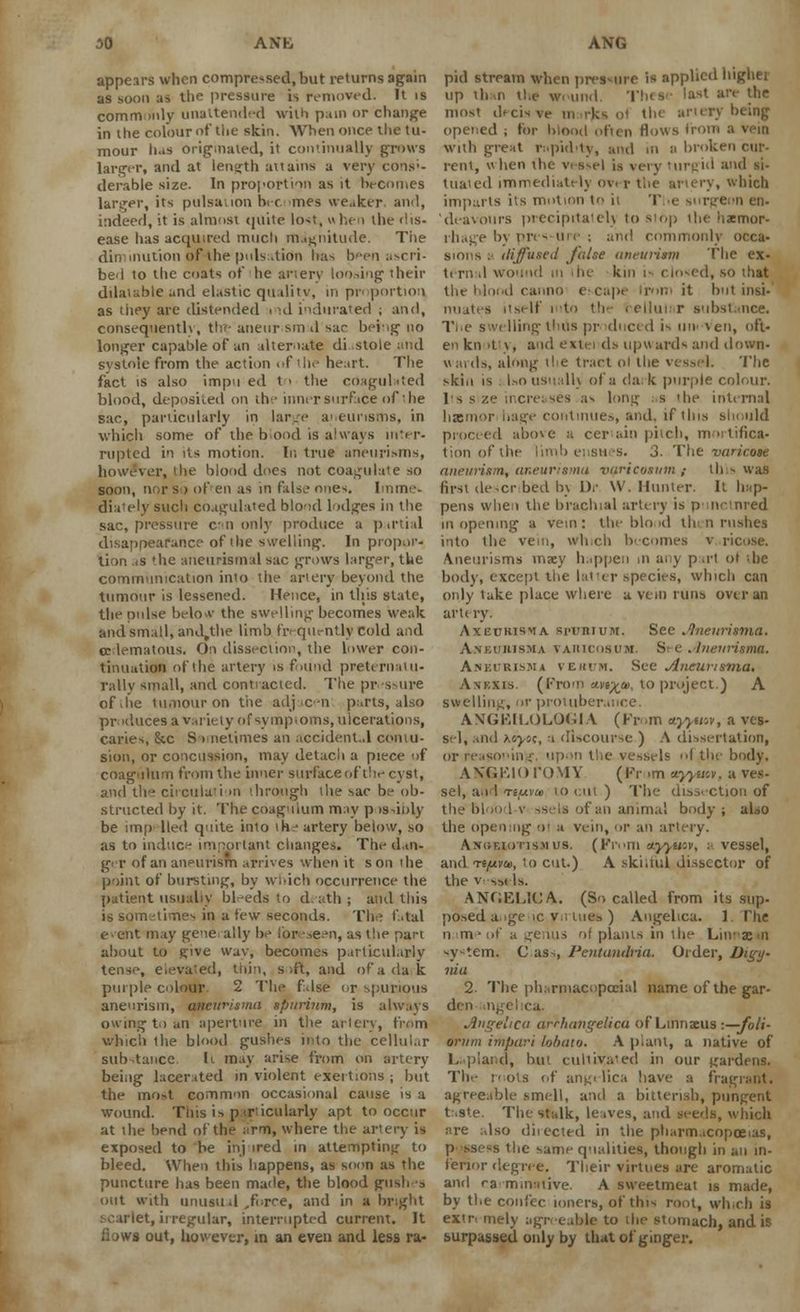 appears when compressed, but returns again as soon as tlie pressure is removed. It is commmdy unattended with pain or change in the colour of the skin. When once ihe tu- mour has originated, it continually grows larger, and at length attains a very cons'- derable size. In proportion as it becomes larger, its pulsation hi r >mes weaker, and, indeed, it is almost quite lost, w hen the dis- ease lias acquired much magnitude. The diminution of-the pulsation lias b^en ascri- bed to the coats of he artery loosing their dilatable and elastic quality, in pn portion as they are distended . id indurated ; and, consequently, the aneur sm A sac being no longer capable of an alternate diastole and systole from the action of'he heart. The fact is also implied tn the coagulated blood, deposited on the inner surface of the sac, particularly in large aneurisms, in which some of the blood is always inter- rupted in its motion. In true aneurisms, however, the blood does not coagulate so soon, nor s > of en as in false one-.. Iinme- diately such coagulated blood lodges in the sac, pressure enn only produce a partial disappearance of ihe swelling. In propor- tion as the aneurysmal sac grows larger, the communication into the artery beyond the tumour is lessened. Hence, in this slate, the pulse belo* the swelling becomes weak and small, and.the limb frequently Cold and edematous. On dissection, the lower con- tinuation of the artery is found pretern nu- rally small, and contracted. The pr v ore of.he tumour on the adj c-n parts, also produces a Variety of symptoms, ulcerations, caries, &c Sometimes an accident..1 contu- sion, or concussion, may detach a piece of coaguium from the inner surface of the cyst, and the circulation through the sac be ob- structed by it. The coaguium may p issibby be imp.- lied quite into the artery below, so as to induce important changes. The dan- g< r of an aneurism arrives when it son the point of bursting, by which occurrence the patient usually bleeds to d ath ; and this is sometimes in a few seconds. The fatal event may gene ally be foreseen, as the part about to give way, becomes particularly tens.-, elevated, thin, s .ft, and of a da k purple colour 2 The f.lse or spurious aneurism, ancurisma spurinm, is always owing to an aperture in the artery, from which the blood gushes into the cellular substance h may arise from on artery being lacerated in violent exertions ; but the most common occasional cause is a wound. This is particularly apt to occur at the bend of the arm, where the artery is exposed to be injured in attempting to bleed. When this happens, as soon as the puncture has been made, the blood gushes out with unusual .force, and in a bright scarlet,irregular, interrupted current. It flows out, however, in an even and less ra- pid stream when pressure is applied ho up th n the wound M alv the most decisve n the artery being opened ; for blood often flows from a vein with great rapidity, and in b broken cur- rent, when the vi ssel i> very turgid and si- tuated immediately ov< r the artery, which imparts its motion to h The surgeon en- deavburs precipitatelj to s'op the hzmor- rhage by pressure ; and commonly occa- sions a diffused jidse aneurism The ex- tern-.! wound in the kin i- nosed, so ihat the blood canno escape from it but insi-' nuates itself into the . ellm r substance. The swelling tlnis pr iduced is uik ven, oft- en kn itty, and extei ds upwards and down- wards, along the tract ol the vessel. The skin is l.so usuall) of a dark purple colour. Its size increases as long s the internal hxmor hage continues, and. if this should proceed above a certain pitch, mortifica- tion of the limb ensues. 3. The varicose aneurism, aneurismu varicosum / ih s was first de-cr bed b\ Dr \V. Hunter. It hap- pens when the brachial artery is punctured in opening a vein: the blood then rushes into the vein, which becomes v ricose. Aneurisms maey happen m any p a-t of die body, except the latter species, which can only take place where a vein runs over an urn ry. AxeuMSMA si-uniuM. See .Inenrisma. A.vkuiusma VARICOSUM. S e . Ineiirisma. Aneurisma veu'.'.m. See Ancurisma. Ankxis. (From tm%», to project.) A swelling, or protuberance. ANGEILOLGGIA (Kr.m ayyuw, a ves- sel, and /.o^sc, a discourse ) A dissertation, or reasoning upon the vessels of the body. AN'GKK) 1'OMY (Fr >m teyyan, a ve»- sel, and tiixvce to cut.) The dissection of the bloo 1 v ssels of an animal body; aLo the opening ot a vein, or an artery. Ani-.f.iotis.mus. (From ayywv, a vessel, and rt/uvu>, to cut.) A ski.tul dissector of the v ssels. ANGELICA. (So called from its sup- posed a.igeic vi; lues ) Angelica. 1. The n me of a genus of plains in the Liiv x n system. C ass, Pentandria. Order, Digy- nia 2- The pharmacopoeial name of the gar- den ingel ea. Angelica arrhangelicu of Linnaeus -.—foli- onim impart hbato. A plant, a native of Laplanq, hut cultivated in our gardens. The roots of angelica have a fragrant, agreeable smell, arid a bitterish, pungent biste. The stalk, leaves, and seels, which are also diiected in the pharmacopoeias, possess the same qualities, though in an in- ferior degree. Their virtues are aromatic and carminative. A sweetmeat is made, by the confec loners, of this root, which is extr. mely agreeable to the stomach, and is surpassed only by that of ginger.