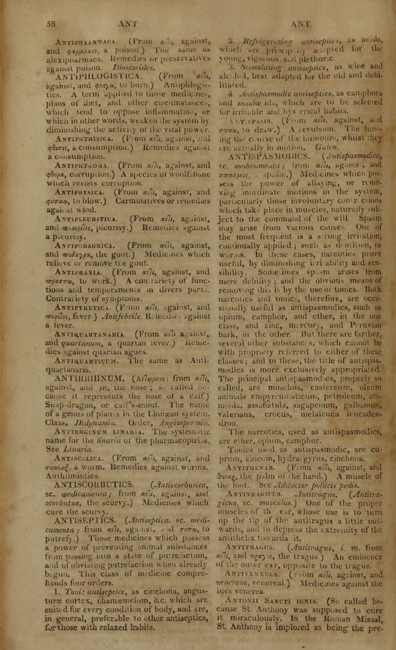 i ii \akmac*. (From t , against, and qi^ukAA, a poison ) Tin alexipliarmaca. Uemedies or preservatives against poUon. bioBCo ANTlPHLOGlSTlCA. (From *y7i, ngamst, and qxi-yiv, to burn.) Aniiphlogis- tics. A term applied to those medicines, plans of diet, and other circumstance., which tend to oppose inflammation, or which in other words, weaken the system bj diminishing the activity of the vital power. Antipkthisjca. (From wfli, against, d qdio-ic, a consumption.) Remedies against a consumption. ANTirur..oi(A. (From xfl/, against, and <pf)cpn, corruption.) A species 01 woolfabane winch resists corruption. Antiphisica. (From ttvlt, against, and QwntM, to blow.) Carminatives or remedies agai. si wind. Antipleuritica. (From ctvli, against, and •■w/^vfihi, pleurisy.) Remedies against a pleurisy. An iipodagrica. (From xflt, against, and sa-GfA-yfix., the gout.) Medicines which relieve or remove ti:e gout. AnTii-RAXiA. (From *v7/, against, and rn-pi.<r<ru>, to work.) A con rarietj of func- tions and temperaments in divers parts. Contra; itty of symptoms. Antipyretic*. (From a.flt. ugainst, anil Tinifilo;, fever ) Antifebrile. Remtdit .igainst a fever. AXTIIU'ARTANARIA. (FlOITl civil a .all.s!, and quartanum, a quartan lever.) iieme- dies against quartan agues. A.NTiacARTicuM. The same as Auti- quartanaria. ANTIRRHINUM. {Kylifftvn: from *i*7/, again,:, and fit, the nose ; s called cause it represents the nose of a calf.) Snap-dragon, or calf's-snout. The name of a genus of plants in the Linnzan s}stem. Class, IHdynumiu. Order, Angiospt Antirrhinum linaria. Tiie system itic name for the linaria of the pharmacopoeias. See Linaria. Antisci.lica. (From ctfu, against, and o-aa^i^, a worm. Remedies against worms. Anthelmintics ANTISCORBUTICS. (Aittiscorbutica, sc. wedicamentu; from ttylt, againsi, and scorbutus, the scurvy.) Medicines which cure ilie scuny. ANTISEPTICS. (Antiseptica. sc. medi- cumenta ; from otv7/, agamst, .-.id »w», to putrefy.) Those medicines which possess a power of preventing ..nimal substances from passing into a state of putrefaction, and of obviating putrefaction when already btgun. This class of medicine compre- hends four orders. 1. Toiii: antiseptics, as cinchona, angus- tuva: cortex, chamsemelum, &.C. which are sui'u d for every condition of body, and are, in general, preferable to other antiseptics, for those with relaxed habits. 2. /.' wl ii I for the youn plethoric antiseptics, as wine and ale I. I, best adapted lor the old and debi. lilated. 4. Antispasmodic antiseptics, as camphor* and assafce.ida, which are to be sil tup irri tea) habits. •i'A-is. (From *v7<, against, h d 97r*a, to draw.) A ievulsion. The ingthe c> u.se of tie humours, whilst tnally in motion. (• A NT1S P A SM OI )1CS. {■ I n tispusmodicq, sc medicumenta; from ttvlt, ugaiiis , and ottsut/uos, ipasm.) Medicines whicl sess the power of allaying, or rtmo- ving inordinate motions in the system, particularly those involuntary con r ctioni which taki place in muscles, naturadj ject to the command of the will Spasm may arise from various cause- Ol the most frequent is a s rong irritation; continually applied ; such as d< nation, or worms. In these cases, narcotics prove useful, by diminishing iiri abi it) and sen- sibility. Some imes sp .sm arises from mere debility ; and the obvious means of removing this is by the useoi tonics. Holh narcotics and tonics, therefore, are occa- sionally useful as antispasmodics, such us opium, camphor, and ether, in the one class, and zinc, mercury, and Peruvian bark, in the other. Hut there arc farther, several other subslanct s, which cm.not he with propriety referred to either of these classes; and to these, the title of anil modics is more exclusively appropri: The principal antispasmodics, properly so called, are moschus, castereum, oleum animale enipyiv umaticum, petroleum, nionia, assafu-'tida, sagapenum, galbanum, Valeriana, crocus, melalcuca Icucaden- dron. The narcotics, used as antispasmodics, are ether, opium, camphor. Tonics used as antispasmodic, are cu- prum, zincum, hydra: gyrus, cinchona. A.vriTiiKVAH. (From ci.'li, against, and •Sev*g, the p.dm of die hand.) A muscle of tin- foot, bee Adductor pollicis pedis. Antituai.icus. Aritilragxu. (Antitra- gicus. sc. musculw.) One of the. pi muscles of th ear, whose use is to up the tip of the antitragus a little out- wards, and to depress the extremity of the anlithelix towards it. ANTriitAi.c .. {Antitragus, i. m. from nd Tga^-.c, the tragus ) An eminence outer ear, opposite to the li An (riom <tv1i, age ins t, and i ucreal.) Medicines against the nerea. ANTOKll Sancti k;ms. (Si called be- cause St. Anthony was supposed to cure it miraculously. In the Ro nan Missal, St. Anthony is implored as being the pre-