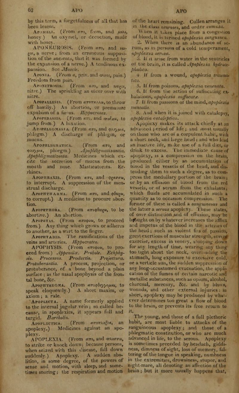 by this term, a forgetfulucss of all that lias been leanu. Ap'Mf.li. (From s.ro, f.-om, and f*(hi, honey.) \n oxymel, or decoction, made with hone). APONEUROSIS. (From <*.m, ami vtu- gac, a nerve; from an erroneous supposi- tion of the ancients, that it was formed by tlie expansion of a nerve.) A tendinous ex- pansion. See Muscle. Ai'onia. (From a, priv. and <ahnt, pain.) Freedom from pain. Aponitrosis. (From tun, and vnp:vt nitre.) The sprinkling an ulcer over with nitre. Apopallesis. (From owrwrxt^n, to throw ofF hastily.) An abortion, or premature expulsion of a fee-us. Hippocrates. Apopedassis. (From *;r;, and o-aJW, to jump from.) A luxation. Apophlegmasi a. (From xtto, and qMy/ux, phlegm.) A discharge of phlegm, or mucus. Apopiile'jmatica. (From euro, and QAtyfAn, plnegm.) ApophJigmauzamia. Apaphlzgmatizonta. Medicines which ex- cite the secretion of mucus from the mouth and nose. Masticatones. Er- rhines. Apophhaxis. (From utto, and <?£*o-<ra>, to interrupt. A suppression of the men- strual discharge. Apophtharma. (From oltto, and <pBugai, to corrupt.) A medicine to procure abor- tion. Apophthora. (From a.7ro$8ii£a>, to be abortive.) An abortion. A po put as. (From o.?roQi/a>, to proceed from.) Any tiling which grows or adheres to another, as a wart to the linger. Apophyades. The ramifications of the veins and arteries. Hippocrates. APOPHYSIS. (From asnq>ve», to pro- ceed from.) Appendix. Probole. Echphy- ,?is. Processus. Productio. Pvojectura. Protuberantia. A process, projection, or protuberance, of a bone beyond a plain surface ; as the nasal apophysis of the fron- tal bone, 8cc. Apophthegm*. (From ctirsyQtyycjucu, to speak eloquently.) A short maxim, or axiom ; a rule. Apoplecta. A name formerly applied to the internal jugular vein ; so called be- cause, in apoplexies, it appears full and turgid. Bartholin. Apoplectic*. (From a,7ro7rh*!r:s., an apoplexy.) Medicines against an apo- plexy. APOPLEXIA. (From ccto, and ivKno-o-ui, to strike or knock down; because persons, when seized with this disease, fall down suddenly) Apoplexy. A sudden abo- lition, in some degree, of the powers of sense and motion, with sleep, and some- times snoring; the respiration and motion of the heart remaining. Cullen arranges it in the clas* neuroses, and order comtea. When it u.kes place from a congestion ot blood, it is termed apoplexia sanguinea. 2. When there is an abundance of .-c- rum, as in persons of a cold temperament, apoplexia serosa. ■ !. li u arise from water in the ventricles ot tne Drain, it is called Apoplejui ht/di p/tauca. •* If from a wound, apoplexia trauma* tica. .5. It from poisons, apoplexia venenata, 6. It from the action of sulioc; halations, apoplexia sajj'ocatx. 7 It from passions ot the mind, apoplexia inemalis. 8. And when it is joined with catalepsy, apoplexia cat a lepticu. Apoplexy makes its attack, chiefly at m advanced period of life ; and most usually on those who are oi a corpulent habit, wiih a short neck, and large head ; and who lead an inactive life, m ke use of a full diet, or drink to excess. The immediate cause of apoplexy, is a compression on the bruin, produced either by an accumulation of blood in the vessels ol the head, and dis- tending them to such a degree, as to coin- press the medullary portion of the brain ; or by an effusion of blood from the red vessels, or of serum from the exhalantsj which fluids are accumulated in such a quantity as to occasion compression. The former of these is called a sanguineous and the latter a serous apoplexy. These states, of over distinction and of effusion, may he brought on by whatever increases the afflux and impetus of the blood in the arteries of the head; such as violent li-s oi passion, great exertions of muscular strength, seveuf exercise, excess in venei v, stooping down for any length of time, wearing any thing too light about the neck, overl >adirig the stomach, long exposure to excessive cold, or a vert tele sun, the sudden suppression of any long-accustomed evacuation, the appli- cation of the fumes of certain narcotic and metallic substances, such as opium, alcohol, charcoal, mercury, &c. and by btowa, wounds, and other external injuries : in short, apoplexy may be produced by what- ever determines too great a flow of blood to the brain, or prevents its free return to it. TIip young, and those of a full plethoric habit, are most liable to attacks of the sanguineous apoplexy; and those of a phlegmatic constitution, or who are much advanced in lite, to the serous. Apoplexy is sometimes preceded byheadach, giddi- ness, dimness of sight, loss of memory, fal- tering of the tongue in speaking, numbness in the extremities, drowsiness, stupor, and night-mare, all denoting an affection of the brain ; but it more usually happens that,