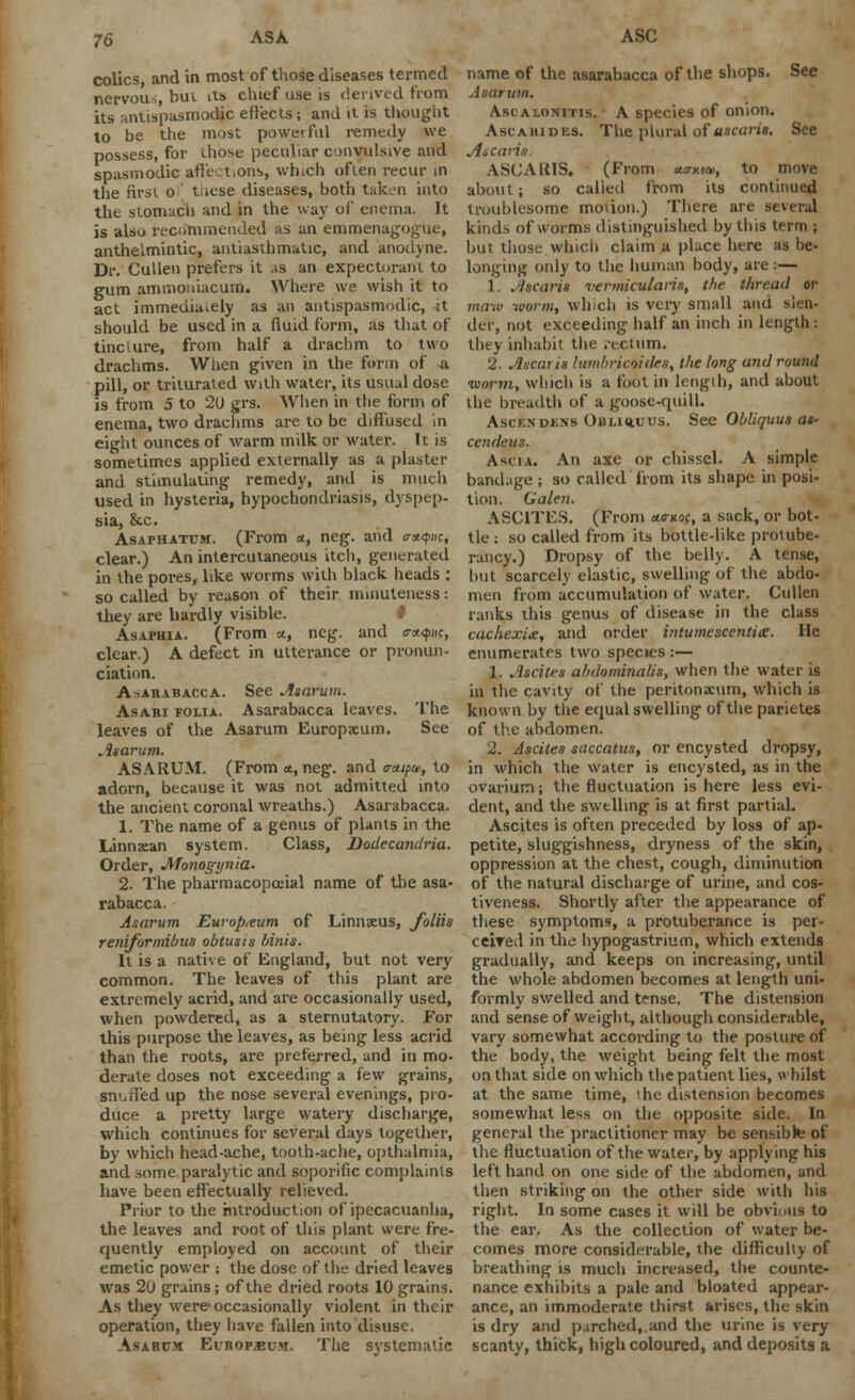 colics, and in most of those diseases termed nervous, but its chief use is derived from its antispasmodic effects; and it is thought to be the most powerful remedy we possess, for those peculiar convulsive and spasmodic affections, which often recur in the first o t.iese diseases, both taken into the stomach and in the way of enema. It is also recotnmended hs an emmenagogue, anthelmintic, antiasthmatic, and anodyne. Dr. Cullen prefers it as an expectorant to gum ammouiacum. Where we wish it to act immediately as an antispasmodic, it should be used in a fluid form, as that of tincture, from half a drachm to two drachms. When given in the form of a pill, or triturated with water, its usual dose is from 5 to 20 grs. When in the form of enema, two drachms are to be diffused in eight ounces of warm milk or water. It is sometimes applied externally as a plaster and stimulating remedy, and is much used in hysteria, hypochondriasis, dyspep- sia, Stc. Asaphatum. (From «, neg. and o-*q»;, clear.) An intercutaneous itch, generated in the pores, like worms with black heads : so called by reason of their minuteness: they are hardly visible. Asaphia. (From a, neg. and trat^Ji?, clear.) A defect in utterance or pronun- ciation. Asaiiabacca. See Asarum. Asari folia. Asarabacca leaves. The leaves of the Asarum Europseum. See Asarum. ASARUM. (From *, neg. and a-ui^, to adorn, because it was not admitted into the ancient coronal wreaths.) Asarabacca. 1. The name of a genus of plants in the Linnsan system. Class, Dodecanclria. Order, JVfonogynia. 2. The pharmacopecial name of the asa- rabacca. Asarum Europium of Linnxus, foliis reniformibus obtusis binis. It is a native of England, but not very common. The leaves of this plant are extremely acrid, and are occasionally used, when powdered, as a sternutatory. For this purpose the leaves, as being less acrid than the roots, are preferred, and in mo- derate doses not exceeding a few grains, sn'.rl'ed up the nose several evenings, pro- duce a pretty large watery discharge, which continues for several days together, by which head-ache, tooth-ache, opthalmia, and some paralytic and soporific complaints have been effectually relieved. Prior to the introduction of ipecacuanha, the leaves and root of this plant were fre- quently employed on account of their emetic power : the dose of the dried leaves was 20 grains; of the dried roots 10 grains. As they were occasionally violent in their operation, they have fallen into disuse. Asarcx Europium. The systematic ASC name of the asarabacca of the shops. See Asarum. Asca:.iini ris. A species of onion. Ascaiudes. The plural of ascaris. See Ascaris. ASC A HIS. (From &<tmu,, to move about; so called from its continued troublesome motion.) There are several kinds of worms distinguished by this term ; but those which claim a place here as be- longing only to the human body, are:— 1. .Ascaris vermicularis, the thread or maw worm, which is very small and slen- der, not exceeding half an inch in length: they inhabit the .-ecuim. 2. Ascaris lumbricoides, the long and round worm, which is a foot in length, and about the breadth of a goose-quill. Asck.vdens Ohlihuus. See Obliquus as- cendeus. Asi-Ia. An axe or chissel. A simple bandage ; so called from its shape in posi- tion. Galen. ASCITES. (From oktkoc, a sack, or bot- tle ; so called from its bottle-like protube- rancy.) Dropsy of the belly. A tense, hut scarcely elastic, swelling of the abdo- men from accumulation of water. Cullen ranks this genus of disease in the class cachexia, and order intumescentia. He enumerates two species :— 1. Ascites abdominalis, when the water is in the cavity of the peritonaeum, which is known by the equal swelling of the parietes of the abdomen. 2. Ascites saccatus, or encysted dropsy, in which the water is encysted, as in the ovarium; the fluctuation is here less evi- dent, and the swelling is at first partial. Ascites is often preceded by loss of ap- petite, sluggishness, dryness of the skin, oppression at the chest, cough, diminution of the natural discharge of urine, and cos- tiveness. Shortly after the appearance of these symptoms, a protuberance is per- ceived in the hypogastrium, which extends gradually, and keeps on increasing, until the whole abdomen becomes at length uni- formly swelled and tense. The distension and sense of weight, although considerable, vary somewhat according to the posture of the body, the weight being felt the most on that side on which the patient lies, whilst at the same time, i he distension becomes somewhat less on the opposite side. In general the practitioner may be sensibk; of the fluctuation of the water, by applying his left hand on one side of the abdomen, and then striking on the other side with his right. In some cases it will be obvious to the ear. As the collection of water be- comes more considerable, the difficulty of breathing is much increased, the counte- nance exhibits a pale and bloated appear- ance, an immoderate thirst arises, the skin is dry and parched, and the urine is very scanty, thick, high coloured, and deposits a