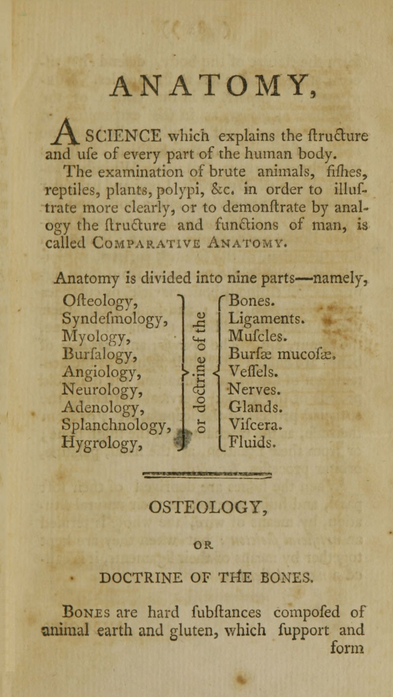 y\ SCIENCE which explains the ftruchire and ufe of every part of the human body. The examination of brute animals, filhes, reptiles, plants, polypi, &c. in order to illuf- trate more clearly, or to demonftrate by anal- ogy the ftructure and functions of man, is called Comparative Anatomy. Anatomy is divided into nine parts—namely, Ofteology, 'Bones. Syndefmology, Ligaments. Myology, 4-1 Mufcles. Burfalogy, o Burfae mucofas Angiology, Veffels. Neurology, « •Nerves. Adenology, o -a Glands. Splanchnology, 1* »» o Vifcera. Hygrology, J to Fluids. OST EOL OGY, OR DOCTRINE OF TrfE BONES. Bones are hard fubftances compofed of animal earth and gluten, which fupport and form