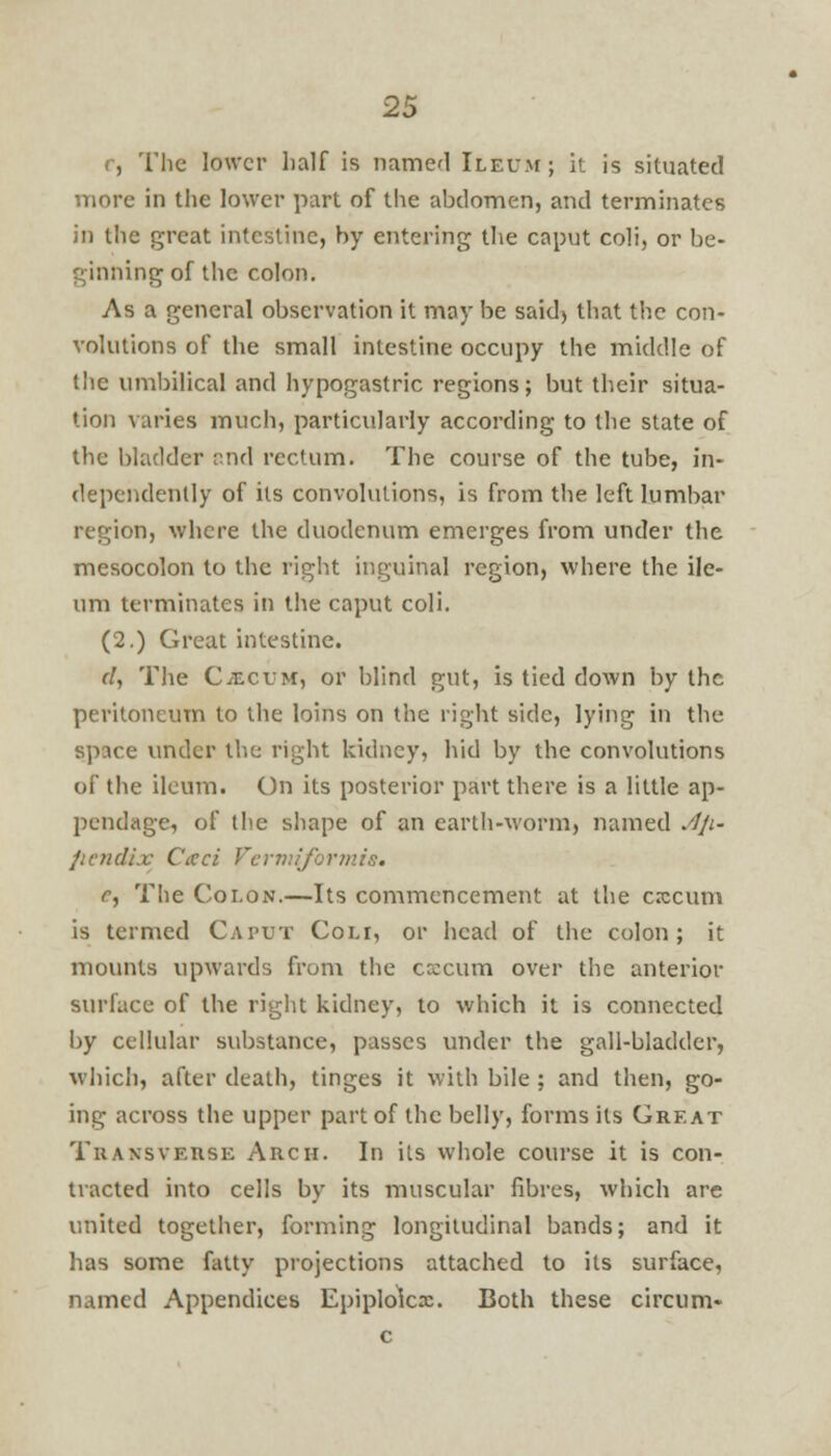 r, The lower half is named Ileum; it is situated more in the lower part of the abdomen, and terminates in the great intestine, by entering the caput coli, or be- ginning of the colon. As a general observation it may be said) that the con- volutions of the small intestine occupy the middle of the umbilical and hypogastric regions; but their situa- tion varies much, particularly according to the state of the bladder rnd rectum. The course of the tube, in- dependently of its convolutions, is from the left lumbar region, where the duodenum emerges from under the mesocolon to the right inguinal region, where the ile- um terminates in the caput coli. (2.) Great intestine. <•/, The Cecum, or blind gut, is tied down by the peritoneum to the loins on the right side, lying in the space under the right kidney, hid by the convolutions of the ileum. On its posterior part there is a little ap- pendage, of the shape of an earth-worm, named rffi- ftendix Ctsci Vcrmiformis. r, The Colon.—Its commencement at the exeunt is termed Caput Com, or head of the colon; it mounts upwards from the excum over the anterior surface of the right kidney, to which it is connected by cellular substance, passes under the gall-bladder, which] after death, tinges it with bile ; and then, go- ing across the upper part of the belly, forms its Great Transverse Arch. In its whole course it is con- tracted into cells by its muscular fibres, which are united together, forming longitudinal bands; and it has some fatty projections attached to its surface, named Appendices Epiploicx. Both these circum-