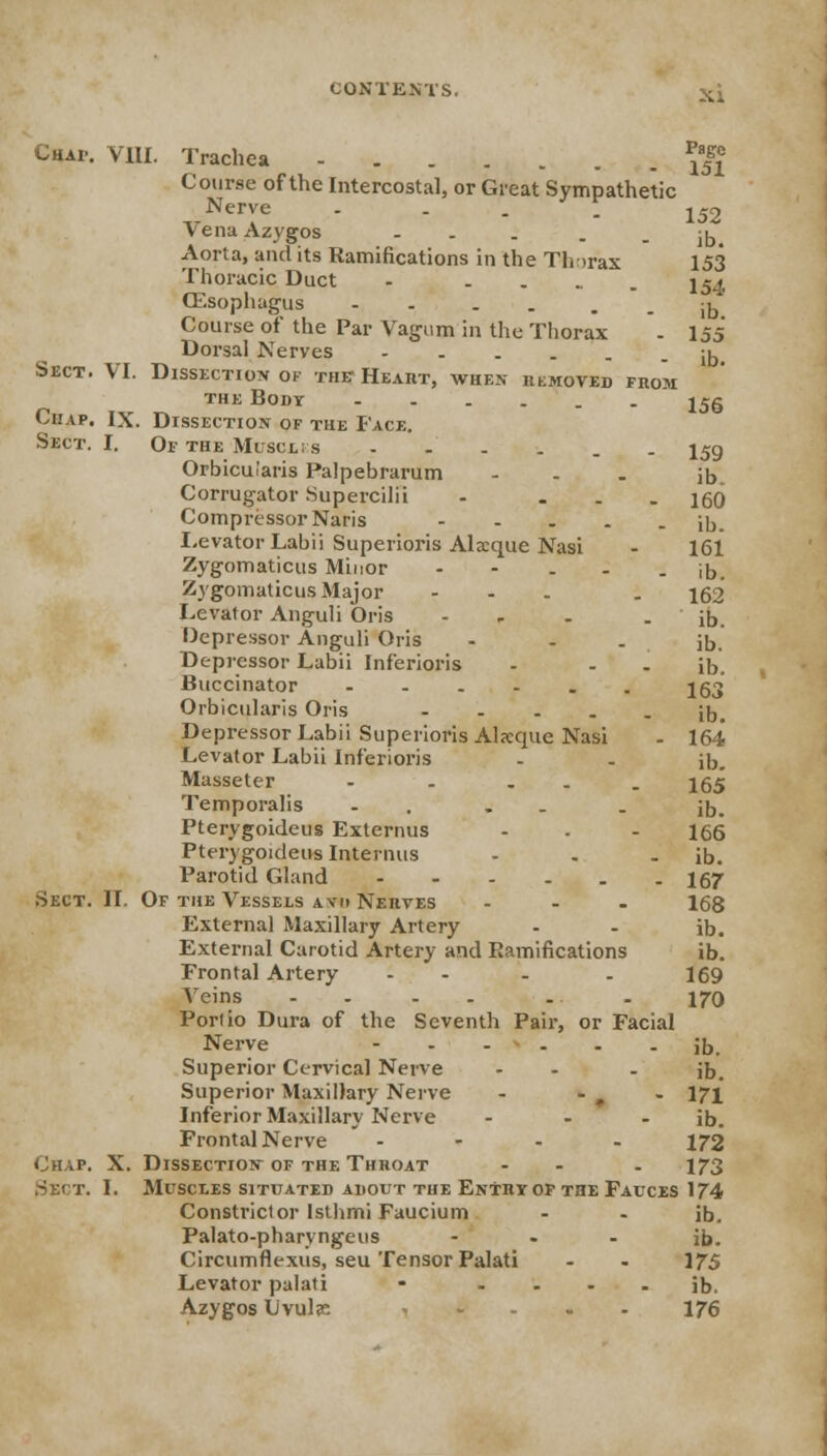 XX Chap. VIII. Trachea - ^ Course of the Intercostal, or Great Sympathetic Nerve .... 152 Vena Azygos ... - - ib Aorta, and its Ramifications in the Th >rax 153 Thoracic Duct - . I54 (Esophagus - - . . - - ib Course of the Par Vagum in the Thorax - 155 Dorsal Nerves ib# Sect. VI. Dissection 01 the Heart, when removed from the Body J5g Chap. IX. Dissection of the Face. Sect. I. Or the Muscles ...... j5g Orbicularis Palpebrarum - jb. Corrugator Supercilii - ... 160 Compressor Naris ib. Levator Labii Superioris Alxque Nasi - 161 Zygomaticus Minor - - . - ib. Zygomaticus Major - . 162 Levator Anguli Oris - . - ib. Depressor Anguli Oris - - . jb. Depressor Labii Inf'erioris - - - ib. Buccinator 163 Orbicularis Oris ----- ib. Depressor Labii Superioris Alscquc Nasi - 164 Levator Labii Inf'erioris - - ib. Masseter - - ... 165 Temporalis - . . . ib. Pterygoideus Externus - . - 166 Pterygoideus Interims - . - ib. Parotid Gland 167 Sect. II. Of the Vessels avi> Nerves ... I6g External Maxillary Artery - - ib. External Carotid Artery and Ramifications ib. Frontal Artery - - . 169 Veins - - .. . 170 Porlio Dura of the Seventh Pair, or Facial Nerve - - - v . . - ib. Superior Cervical Nerve - - ib. Superior Maxillary Nerve - - , - 171 Inferior Maxillary Nerve - - - ib. Frontal Nerve .... 172 Chap. X. Dissection of the Throat - - . 173 Sect. I. Muscles situated adout the Entry of the Fauces 174 Constrictor Isthmi Faucium - . ib. Palato-pharvngeus ... Jb. Circumflexus, seu Tensor Palati - - 175 Levator palati - ib. Azygos Livulr. - - - - 176