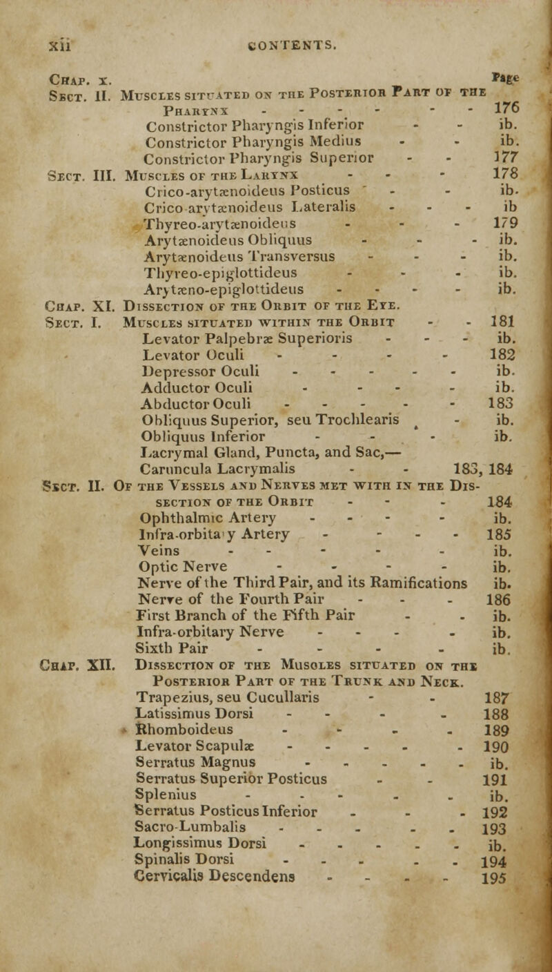 Crap. x. p»6« Sect. II. Muscles situated on the Posterior Part of the Pharynx .... - 176 Constrictor Pharyngis Inferior - - ib. Constrictor Pharyngis Medius - - ib. Constrictor Pharyngis Superior - - 177 Sect. III. Muscles of the Larynx - - 178 Crico-arytsenoideus Posticus  - ib. Crico arvtaenoideus Lateralis ib Thyreo-arytsenoidei;s ... 179 Arytxnoideus Obliquus - - - ib. Arytxnoideus Transversus - - - ib. Thyreo-epiglottideus - - - ib. Arvt?eno-epig)oUideus ... . jb. Chap. XI. Dissection of the Orbit of the Eye. Sect. I. Muscles situated within the Orbit - - 181 Levator Palpebrae Superioris ib. Levator Oculi - - - - 182 Depressor Oculi ... . ib. Adductor Oculi - - - ib. Abductor Oculi ... - - 183 Obliquus Superior, seu Trochlearis > - ib. Obliquus Inferior - - ib. Lacrymal Gland, Puncta, and Sac,— Caruncula Lacrymalis Ssct. II. Of the Vessels and Nerves met with in the Dis- section of the Orbit - - Ophthalmic Artery - Infra-orbitay Artery - - Veins -•--_. Optic Nerve .... Nerve of the Third Pair, and its Ramifications Nerre of the Fourth Pair ... First Branch of the Fifth Pair Infra-orbitary Nerve ... Chap. XII. Dissection of the Musoles situated on the Posterior Part of the Trunk and Neck. Trapezius, seu Cucullaris - - 187 Latissimus Dorsi ... . J88 Rhomboideus - 189 Levator Scapulae .... . 190 Serratus Magnus ib. Serratus Superior Posticus - - 191 Splenius - - - - ib. Serratus Posticus Inferior ... 192 Sacro Lumbalis - - - . - 193 Longissimus Dorsi ----- ib. Spinalis Dorsi ... . 194 Cervicalis Descendens .... 195 183, 184 184 ib. 185 ib. ib. ib. 186 ib. ib.