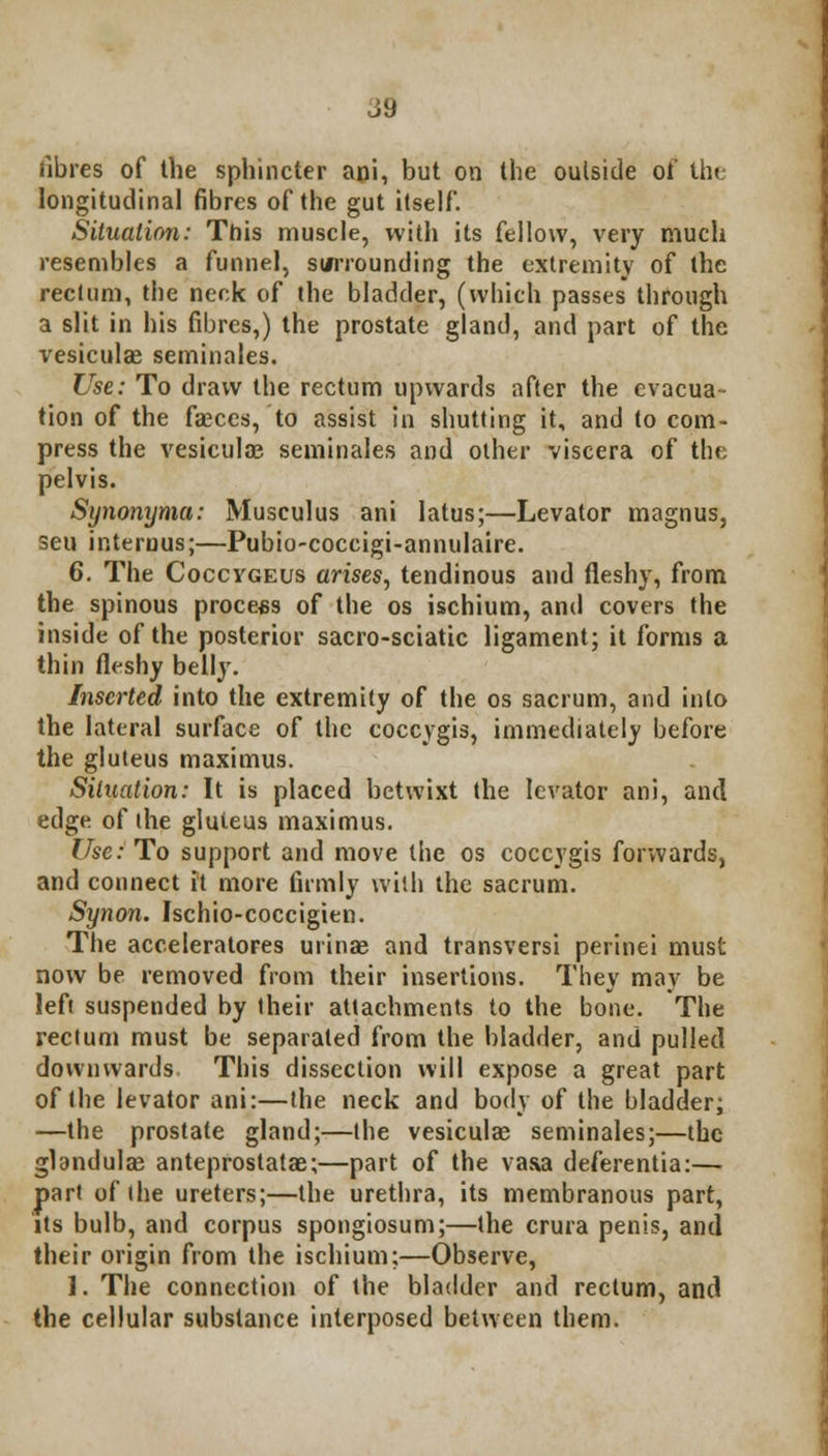 fibres of the sphincter ani, but on the outside of the longitudinal fibres of the gut itself. Situation: This muscle, with its fellow, very much resembles a funnel, surrounding the extremity of the rectum, the neck of the bladder, (which passes through a slit in his fibres,) the prostate gland, and part of the vesiculae seminales. Use: To draw the rectum upwards after the evacua tion of the faeces, to assist in shutting it, and to com- press the vesiculae seminales and other viscera of the pelvis. Synonyma: Musculus ani latus;—Levator magnus, seu interuus;—Pubio-coccigi-annulaire. 6. The Coccygeus arises, tendinous and fleshy, from the spinous process of the os ischium, and covers the inside of the posterior sacro-sciatic ligament; it forms a thin fleshy belly. Inserted into the extremity of the os sacrum, and into the lateral surface of the coccygis, immediately before the gluteus maximus. Situation: It is placed betwixt the levator ani, and edge of the gluteus maximus. Use: To support and move the os coccygis forwards, and connect it more firmly with the sacrum. Synon. Ischio-coccigien. The accelerators urinae and transversi perinei must now be removed from their insertions. They may be left suspended by their attachments to the bone. The rectum must be separated from the bladder, and pulled downwards. This dissection will expose a great part of the levator ani:—the neck and body of the bladder; —the prostate gland;—the vesiculae seminales;—the glandulae anteprostatae;—part of the vasa deferentia:— part of the ureters;—the urethra, its membranous part, its bulb, and corpus spongiosum;—the crura penis, and their origin from the ischium;—Observe, I. The connection of the bladder and rectum, and the cellular substance interposed between them.
