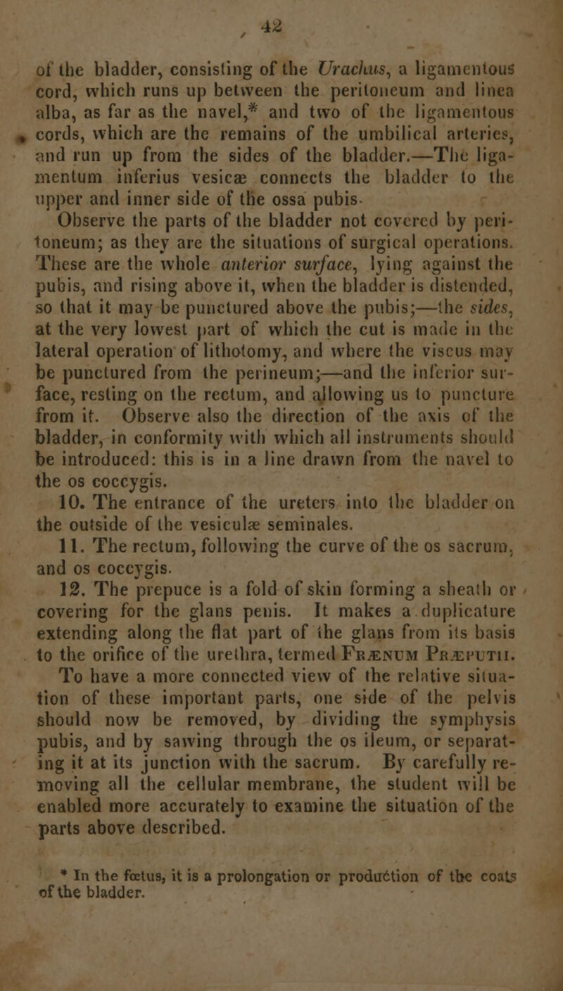 of the bladder, consisting of the Urachus, a ligamentous cord, which runs up between the peritoneum and linen alba, as far as the navel,* and two of the ligamentous cords, which are the remains of the umbilical arteries, and run up from the sides of the bladder.—The liga- mentum inferius vesicas connects the bladder to the upper and inner side of the ossa pubis- Observe the parts of the bladder not covered by peri- toneum; as they are the situations of surgical operations. These are the whole anterior surface, lying against the pubis, and rising above it, when the bladder is distended, so that it may be punctured above the pubis;—the sides, at the very lowest part of which the cut is made in the lateral operation of lithotomy, and where the viscus may be punctured from the perineum;—and the inferior sur- face, resting on the rectum, and allowing us to puncture from it. Observe also the direction of the axis of the bladder, in conformity with which all instruments should be introduced: this is in a line drawn from the navel to the os coccygis. 10. The entrance of the ureters into the bladder on the outside of the vesiculse seminales. 11. The rectum, following the curve of the os sacrum, and os coccygis. 12. The prepuce is a fold of skin forming a sheath or covering for the glans penis. It makes a duplicature extending along the flat part of the glans from its basis to the orifice of the urethra, termed Fr^enum Prjeputii. To have a more connected view of the relative situa- tion of these important parts, one side of the pelvis should now be removed, by dividing the symphysis pubis, and by sawing through the os ileum, or separat- ing it at its junction with the sacrum. By carefully re- moving all the cellular membrane, the student will be enabled more accurately to examine the situation of the parts above described. * In the foetus, it is a prolongation or production of tbe coats of the bladder.