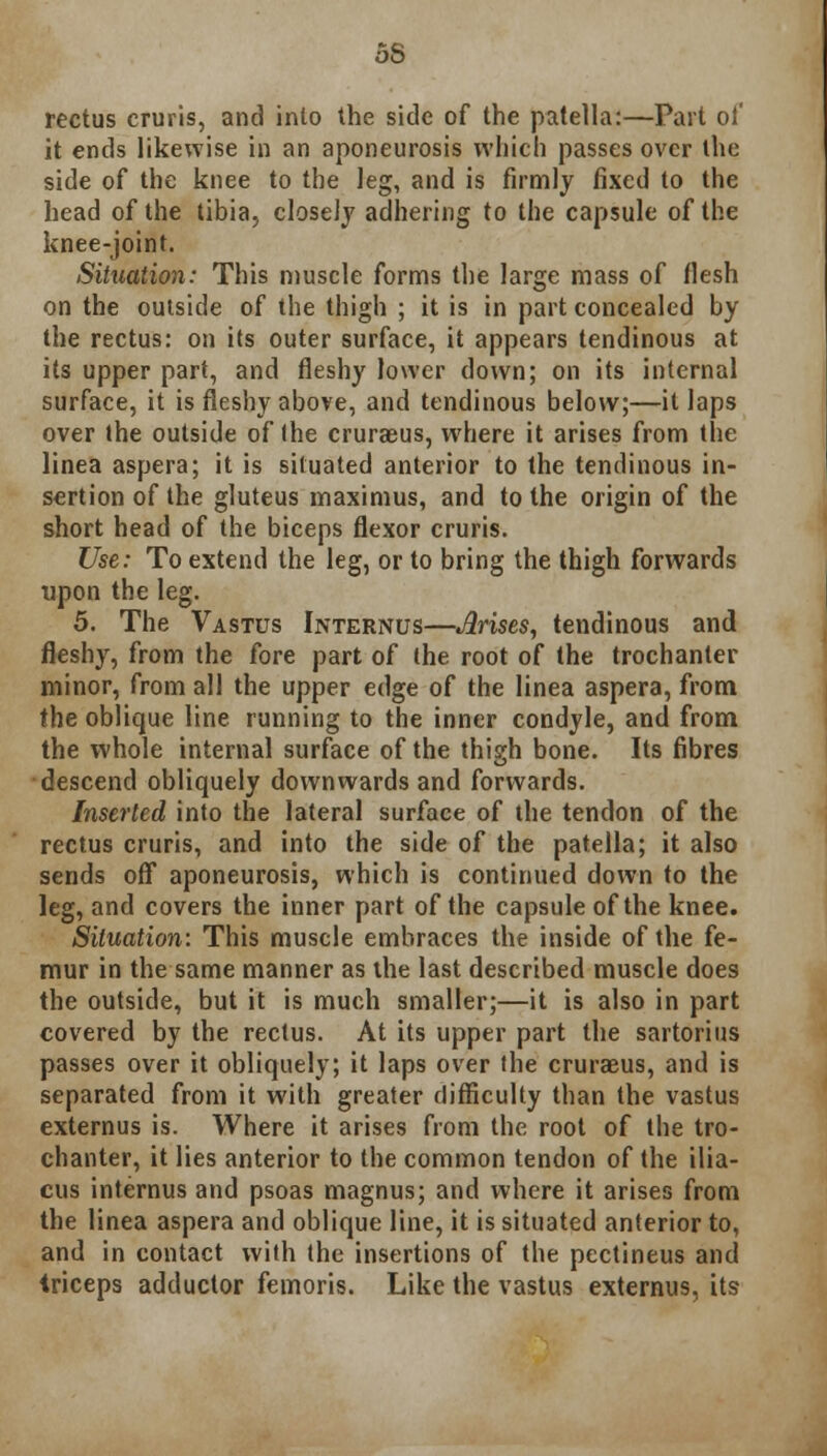 rectus cruris, and into the side of the patella:—Part of it ends likewise in an aponeurosis which passes over the side of the knee to the leg, and is firmly fixed to the head of the tibia, closely adhering to the capsule of the knee-joint. Situation: This muscle forms the large mass of flesh on the outside of the thigh ; it is in part concealed by the rectus: on its outer surface, it appears tendinous at its upper part, and fleshy lower down; on its internal surface, it is fleshy above, and tendinous below;—it laps over the outside of the cruraeus, where it arises from the linea aspera; it is situated anterior to the tendinous in- sertion of the gluteus maximus, and to the origin of the short head of the biceps flexor cruris. Use: To extend the leg, or to bring the thigh forwards upon the leg. 5. The Vastus Internus—Arises, tendinous and fleshy, from the fore part of the root of the trochanter minor, from all the upper edge of the linea aspera, from the oblique line running to the inner condyle, and from the whole internal surface of the thigh bone. Its fibres descend obliquely downwards and forwards. Inserted into the lateral surface of the tendon of the rectus cruris, and into the side of the patella; it also sends off aponeurosis, which is continued down to the leg, and covers the inner part of the capsule of the knee. Situation: This muscle embraces the inside of the fe- mur in the same manner as the last described muscle does the outside, but it is much smaller;—it is also in part covered by the rectus. At its upper part the sartorius passes over it obliquely; it laps over the cruraeus, and is separated from it with greater difficulty than the vastus externus is. Where it arises from the root of the tro- chanter, it lies anterior to the common tendon of the ilia- cus internus and psoas magnus; and where it arises from the linea aspera and oblique line, it is situated anterior to, and in contact with the insertions of the pectineus and triceps adductor femoris. Like the vastus externus, its