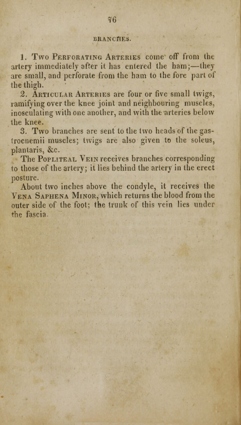 BRANCHES. 1. Two Perforating Arteries come off from the artery immediately after it has entered the ham;—they are small, and perforate from the ham to the fore part of the thigh. 2. Articular Arteries are four or five small twigs, ramifying over the knee joint and neighbouring muscles, inosculating with one another, and with the arteries below the knee. 3. Two branches are sent to the two heads of the gas- trocnemii muscles; twigs are also given to the soleus, plantaris, &c. The Popliteal Vein receives branches corresponding to those of the artery; it lies behind the artery in the erect posture. About two inches above the condyle, it receives the Vena Saphena Minor, which returns the blood from the outer side of the foot; the trunk of this vein lies under the fascia.