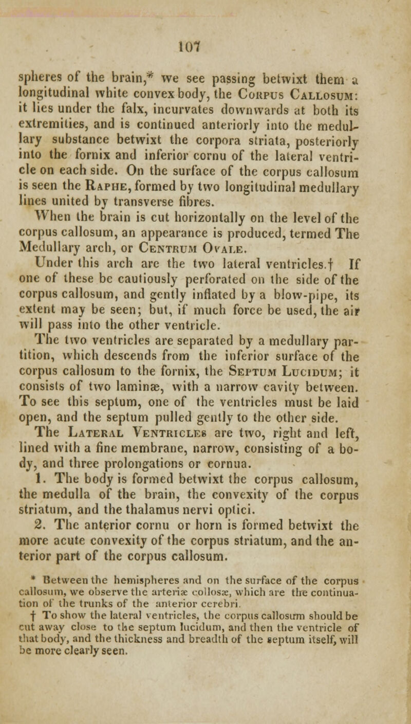 spheres of the brain * we see passing betwixt them a longitudinal white convex body, the Corpus Callosum: it lies under the falx, incurvates downwards at both its extremities, and is continued anteriorly into the medul- lary substance betwixt the corpora striata, posteriorly into the fornix and inferior cornu of the lateral ventri- cle on each side. On the surface of the corpus callosum is seen the Raphe, formed by two longitudinal medullary lines united by transverse fibres. When the brain is cut horizontally on the level of the corpus callosum, an appearance is produced, termed The Medullary arch, or Centrum Ovale. Under this arch are the two lateral ventricles.f If one of these be cautiously perforated on the side of the corpus callosum, and gently inflated by a blow-pipe, its extent may be seen; but, if much force be used, the air will pass into the other ventricle. The two ventricles are separated by a medullary par- tition, which descends from the inferior surface of the corpus callosum to the fornix, the Septum Lucidum; it consists of two laminae, with a narrow cavity between. To see this septum, one of the ventricles must be laid open, and the septum pulled gently to the other side. The Lateral Ventricles are two, right and left, lined with a fine membrane, narrow, consisting of a bo- dy, and three prolongations or cornua. 1. The body is formed betwixt the corpus callosum, the medulla of the brain, the convexity of the corpus striatum, and the thalamus nervi optici. 2. The anterior cornu or horn is formed betwixt the more acute convexity of the corpus striatum, and the an- terior part of the corpus callosum. * Between the hemispheres and on the surface of the corpus callosum, we observe the arte rise collosae, which are the continua- tion of the trunks of the anterior cerebri, f To show the lateral ventricles, the corpus callosirm should be cut away close to the septum lucidum, and then the ventricle of that body, and the thickness and breadth of the septum itself, will be more clearly seen.