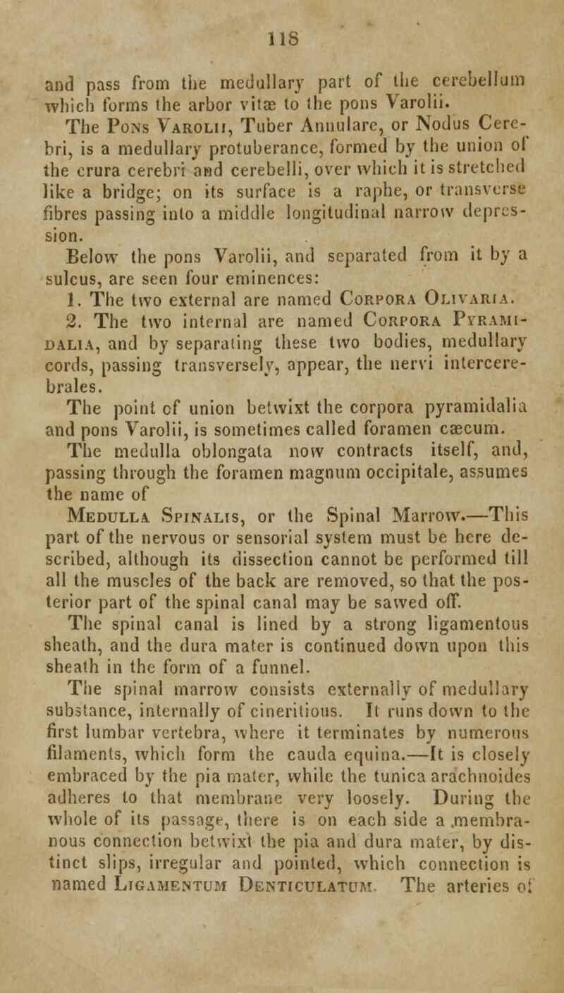 IIS and pass from the medullary part of the cerebellum which forms the arbor vitae to the pons Varolii. The Pons Varolii, Tuber Annulare, or Nodus Cere- bri, is a medullary protuberance, formed by the union of the crura cerebri and cerebelli, over which it is stretched like a bridge; on its surface is a raphe, or transverse fibres passing into a middle longitudinal narrow depres- sion. Below the pons Varolii, and separated from it by a sulcus, are seen four eminences: 1. The two external are named Corpora Olivaria. 2. The two internal are named Corpora Pvrami- dalia, and by separating these two bodies, medullary cords, passing transversely, appear, the nervi ihtercere- brales. The point of union betwixt the corpora pyramidalia and pons Varolii, is sometimes called foramen caecum. The medulla oblongata now contracts itself, and, passing through the foramen magnum occipitale, assumes the name of Medulla Spinalis, or the Spinal Marrow.—This part of the nervous or sensorial system must be here de- scribed, although its dissection cannot be performed till all the muscles of the back are removed, so that the pos- terior part of the spinal canal may be sawed off. The spinal canal is lined by a strong ligamentous sheath, and the dura mater is continued down upon this sheath in the form of a funnel. The spinal marrow consists externally of medullary substance, internally of cineritious. It runs down to the first lumbar vertebra, where it terminates by numerous filaments, which form the cauda equina.—It is closely embraced by the pia mater, while the tunica arachnoides adheres to that membrane very loosely. During the whole of its passage, there is on each side a .membra- nous connection betwixt the pia and dura mater, by dis- tinct slips, irregular and pointed, which connection is named Ligamentum Denticulatum The arteries of