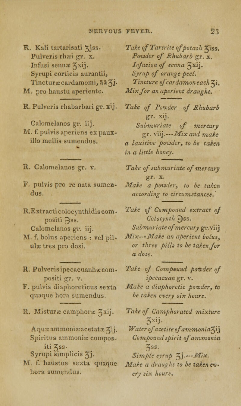 R. Kali tartarisati 3JSS* Pulveris rlisei gr. x. Infusi sennae 3xij Syrupi corticis aurantii, Tincturaecardamomi, aajj. M. pro haustu aperieiite. R. Pulveris rhabarbari gr. xij. Calomelanos gr. iij. M. f. pulvis aperiens expaux- illo mellis suniendus. R. Calomelanos gr. v. F. pulvis pro re nata sumea- dus. R.Extracti colocynthidis com- positi ^ss. Calomelanos gr. iij. M. f. bolus aperiens : vel pil- ulx tres pro dosi. R. Pulveris ipecacuanhxccm- positi gr. v. F. pulvis diaphoreticus sexta quaque hora sumendus. R. Misturse camphoric 3x'j- Aquxammoniwacetataejij. Spiritus ammonia: compos- iti Xss- Syrupi simplicis 2Jj- M. f. haustus sexta quaque l\ora sumendus. Take ofTartrite of potash Jiss. Powder of Rhubarb gr. x. Infusion of senna Jxij. Syrup of orange peel. Tincture ofcardamoneachfyi. Mix for an aperient draught. Take of Powder of Rhubarb Submuriate of mercury gr. viij.—-Mix and make a laxitive powder, to be taken in a little honey. Take of submuriate of mercury gr. x. Make a powder, to be taken according to circumstances. Take of Compound extract of Colocynth ^SS. Submuriate of mercury gr.viij Mix»+Make an aperient bolus, or three pills to be taken for a dose. Take of Compound powder of ipecacuan gr. v. Make a diaphoretic powder, to be taken every six hours. Take of Camphorated mixture 3xiJ- Water oj'acttite tfammoniaQj Compound spirit of ammonia 3ss. Simple syrup ^j.—Mix. Make a draught to be taken ev- ery six hours.