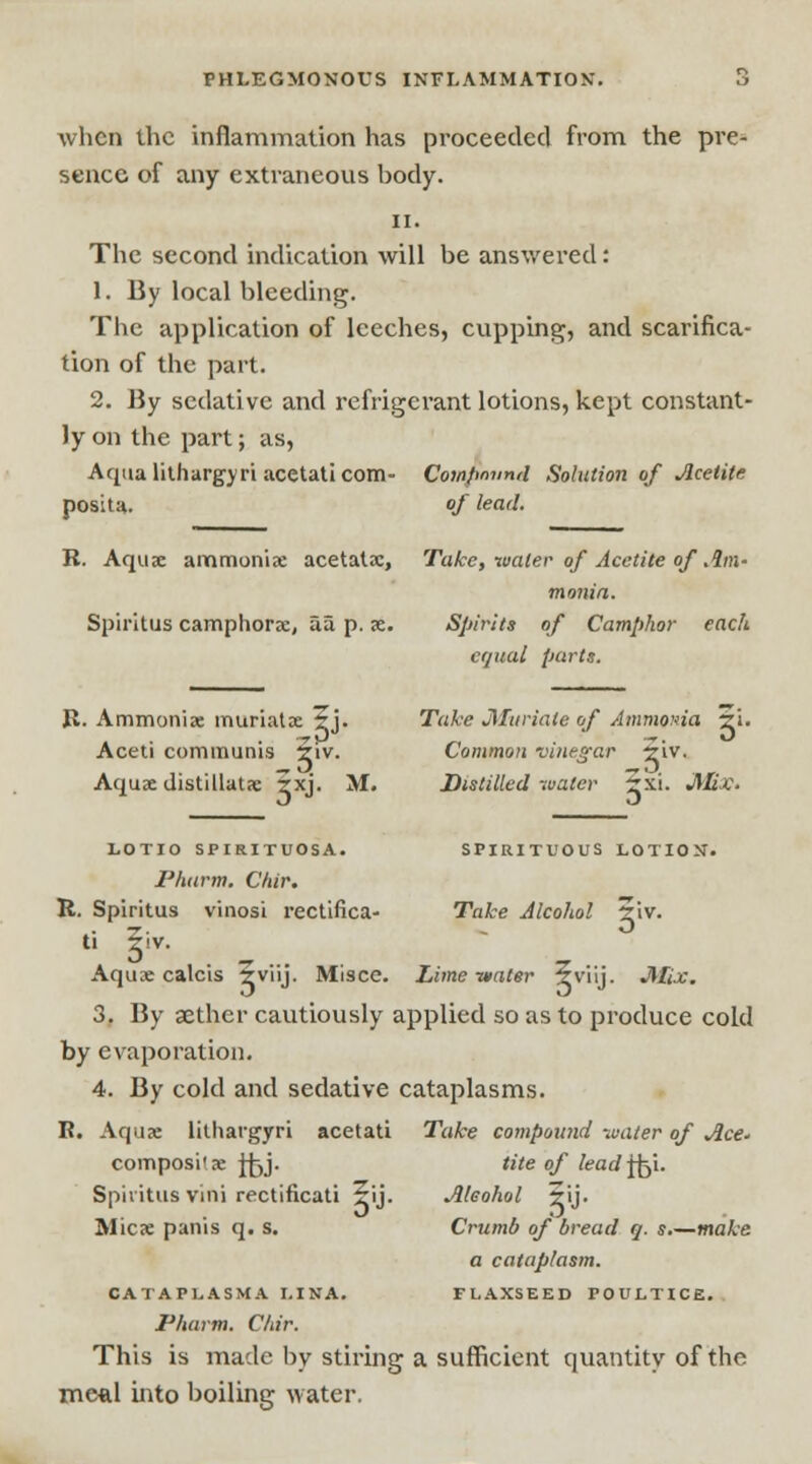 when the inflammation has proceeded from the pre- sence of any extraneous body. ii. The second indication will be answered: 1. By local bleeding. The application of leeches, cupping, and scarifica- tion of the part. 2. By sedative and refrigerant lotions, kept constant- ly on the part; as, Aqua lithargyri acetati com- Compound Solution of Jlcetile posita. of lead. R. Aquae ammonia: acetata;, Take, water of Acetite of Am- monia. Spiritus camphora:, aa p. <e. Spirits of Camphor each equal parts. R. Ammonia; muriatx 5j. Take Muriate of Ammonia ?i. Aceti communis T\v. Common vinegar $iv. Aquae distillatae rxj. M. Distilled water 5xi. Mix. LOTIO SPIRITUOSA. SPIRITUOUS LOTION. Phurm. Chir. R. Spiritus vinosi rectifica- Take Alcohol Snv. ti 5iv. Aquae calcis ?viij. Misce. Lime -mater 5viij. Mix. 3. By aether cautiously applied so as to produce cold by evaporation. 4. By cold and sedative cataplasms. R. Aquae lithargyri acetati Take compound -water of Ace- composi'ae Jfjj. tite of lead j^i. Spiritus vmi rectificati 5ij. Alcohol ?ij- Mica: panis q. s. Crumb of bread q. s.—mate a cataplasm. CATAPLASMA I.INA. FLAXSEED POULTICE. Pharm. Chir. This is made by stiring a sufficient quantity of the meal into boiling water.