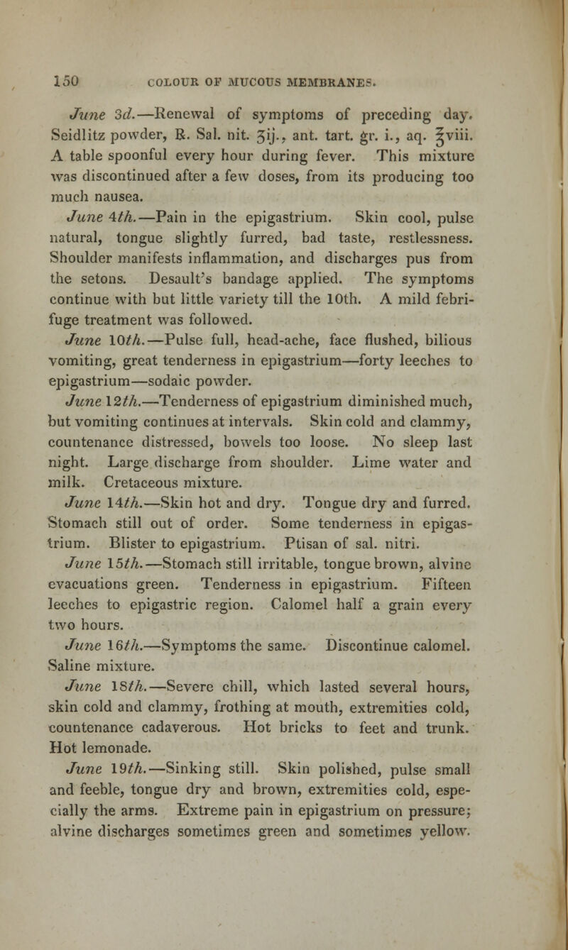 June 3d.—Renewal of symptoms of preceding day. Seidlitz powder, R. Sal. nit. 3ij-j ant. tart. gr. i., aq. 5viii. A table spoonful every hour during fever. This mixture was discontinued after a few doses, from its producing too much nausea. June 4th.—Pain in the epigastrium. Skin cool, pulse natural, tongue slightly furred, bad taste, restlessness. Shoulder manifests inflammation, and discharges pus from the setons. Desault's bandage applied. The symptoms continue with but little variety till the 10th. A mild febri- fuge treatment was followed. June 10th.—Pulse full, head-ache, face flushed, bilious vomiting, great tenderness in epigastrium—forty leeches to epigastrium—sodaic powder. Jicne I2th.—Tenderness of epigastrium diminished much, but vomiting continues at intervals. Skin cold and clammy, countenance distressed, bowels too loose. No sleep last night. Large discharge from shoulder. Lime water and milk. Cretaceous mixture. June 14th.—Skin hot and dry. Tongue dry and furred. Stomach still out of order. Some tenderness in epigas- trium. Blister to epigastrium. Ptisan of sal. nitri. Ju?ie 15th.—Stomach still irritable, tongue brown, alvine evacuations green. Tenderness in epigastrium. Fifteen leeches to epigastric region. Calomel half a grain every two hours. June 16th.—Symptoms the same. Discontinue calomel. Saline mixture. June IS/A.—Severe chill, which lasted several hours, skin cold and clammy, frothing at mouth, extremities cold, countenance cadaverous. Hot bricks to feet and trunk. Hot lemonade. June 19th.—Sinking still. Skin polished, pulse small and feeble, tongue dry and brown, extremities cold, espe- cially the arms. Extreme pain in epigastrium on pressure; alvine discharges sometimes green and sometimes yellow.