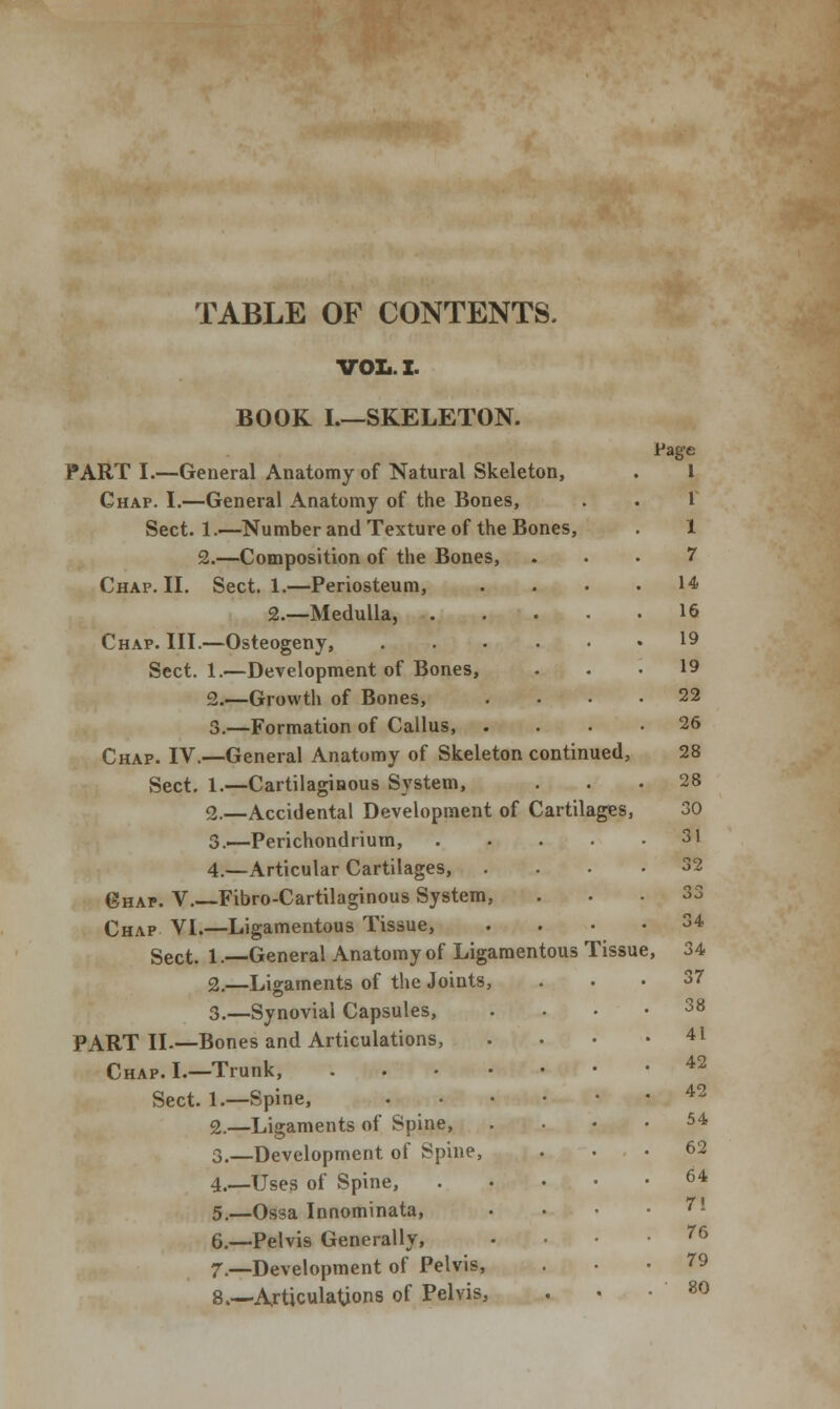 TABLE OF CONTENTS. VOL. X. BOOK I.—SKELETON. PART I.—General Anatomy of Natural Skeleton, Chap. I.—General Anatomy of the Bones, Sect. 1.—Number and Texture of the Bones, 2.—Composition of the Bones, Chap. II. Sect. 1.—Periosteum, 2.—Medulla, .... Chap. III.—Osteogeny, Sect. 1.—Development of Bones, 2.—Growth of Bones, 3.—Formation of Callus, . Chap. IV.—General Anatomy of Skeleton continued, Sect. 1.—Cartilaginous System, 2.—Accidental Development of Cartilages, 3.—Perichondrium, .... 4.—Articular Cartilages, Ghap. V.—Fibro-Cartilaginous System, Chap VI.—Ligamentous Tissue, Sect. 1.—General Anatomy of Ligamentous Tissue 2.—Ligaments of the Joints, 3.—Synovial Capsules, PART II.—Bones and Articulations, Chap. L—Trunk, Sect. 1.—Spine, 2.—Ligaments of Spine, 3.—Development of Spine, 4.—Uses of Spine, .... 5.—Ossa Innominata, 6.—Pelvis Generally, 7—Development of Pelvis, 8.—Articulations of Pelvis, Page 1 1 1 7 14 16 19 19 22 26 28 28 30 31 32 33 34 , 34 37 38 41 42 42 54 62 64 7! 76 79 80