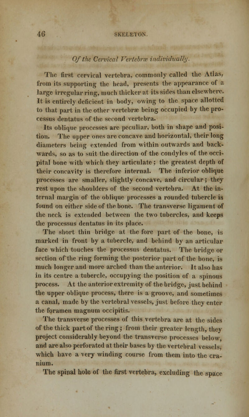 Of the Cervical Vertebrsc individually. The first cervical vertebra, commonly called the Atlas, from its supporting the head, presents the appearance of a large irregular ring, much thicker at its sides than elsewhere. It is entirely deficient in body, owing to the space allotted to that part in the other vertebrae being occupied by the pro- cessus dentatus of the second vertebra. Its oblique processes are peculiar, both in shape and posi- tion. The upper ones are concave and horizontal, their long diameters being extended from within outwards and back- wards, so as to suit the direction of the condyles of the occi- pital bone with which they articulate; the greatest depth of their concavity is therefore internal. The inferior oblique processes are smaller, slightly concave, and circular; they rest upon the shoulders of the second vertebra. At the in- ternal margin of the oblique processes a rounded tubercle is found on either side of the bone. The transverse ligament of the neck is extended between the two tubercles, and keeps the processus dentatus in its place. The short thin bridge at the fore part of the bone, is marked in front by a tubercle, and behind by an articular face which touches the processus dentatus. The bridge or section of the ring forming the posterior part of the bone, is much longer and more arched than the anterior. It also has in its centre a tubercle, occupying the position of a spinous process. At the anterior extremity of the bridge, just behind the upper oblique process, there is a groove, and sometimes a canal, made by the vertebral vessels, just before they enter the foramen magnum occipitis. The transverse processes of this vertebra are at the sides of the thick part of the ring; from their greater length, they project considerably beyond the transverse processes below, and are also perforated at their bases by the vertebral vessels which have a very winding course from them into the cra- nium. The spinal hole of the first vertebra, excluding the space