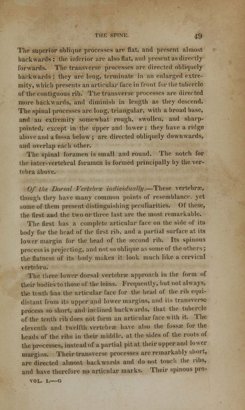 The superior oblique processes are flat, and present almost backwards ; the inferior are also flat, and present as directly forwards. The transverse processes are directed obliquely backwards: they are long, terminate in an enlarged extre- mity, which presents an articular face in front for the tubercle of the contiguous rib. The transverse processes are directed more backwards, and diminish in length as they descend. The spinal processes are long, triangular, with a broad base, and an extremity somewhat rough, swollen, and sharp- pointed, except in the upper and lower; they have a ridge above and a fossa below ; are directed obliquely downwards, and overlap each other. The spinal foramen is small and round. The notch for the inter-vertebral foramen is formed principally by the ver- tebra above. Of the Dorsal Vertebrae individually.—These vertebra?, though they have many common points of resemblance, yet some of them present distinguishing peculiarities. Of these, the first and the two or three last are the most remarkable. The first has a complete articular face on the side of its body for the head of the first rib, and a partial surface at its lower margin for the head of the second rib. Its spinous process is projecting, and not so oblique as some of the others; the flatness of its body makes it look much like a cervical vertebra. The three lower dorsal vertebrae approach in the form of their bodies to those of the loins. Frequently, but not always, tl>e tenth has the articular face for the head of the rib equi- distant from its upper and lower margins, and its transverse process so short, and inclined backwards, that the tubercle of the tenth rib does not form an articular face with it. The eleventh and twelfth vertebrte have also the fossa? for the heads of the ribs in their middle, at the sides of the roots of the processes, instead of a partial pit at their upper and lower margins. Their transverse processes are remarkably short, are directed almost backwards and do not touch the ribs, and have therefore no articular marks. Their spinous pro- VOL. I.—G
