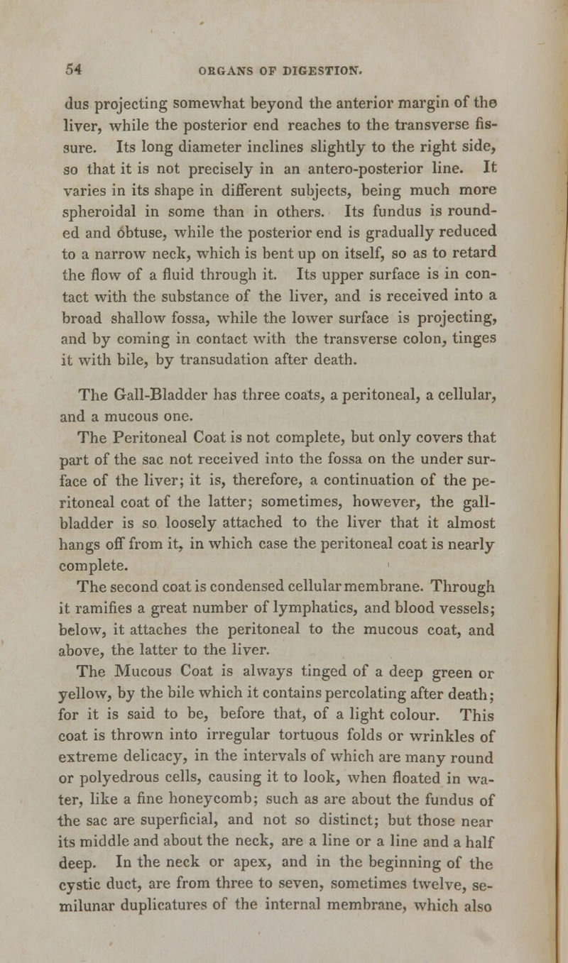 dus projecting somewhat beyond the anterior margin of the liver, while the posterior end reaches to the transverse fis- sure. Its long diameter inclines slightly to the right side, so that it is not precisely in an antero-posterior line. It varies in its shape in different subjects, being much more spheroidal in some than in others. Its fundus is round- ed and obtuse, while the posterior end is gradually reduced to a narrow neck, which is bent up on itself, so as to retard the flow of a fluid through it. Its upper surface is in con- tact with the substance of the liver, and is received into a broad shallow fossa, while the lower surface is projecting, and by coming in contact with the transverse colon, tinges it with bile, by transudation after death. The Gall-Bladder has three coats, a peritoneal, a cellular, and a mucous one. The Peritoneal Coat is not complete, but only covers that part of the sac not received into the fossa on the under sur- face of the liver; it is, therefore, a continuation of the pe- ritoneal coat of the latter; sometimes, however, the gall- bladder is so loosely attached to the liver that it almost hangs off from it, in which case the peritoneal coat is nearly complete. The second coat is condensed cellular membrane. Through it ramifies a great number of lymphatics, and blood vessels; below, it attaches the peritoneal to the mucous coat, and above, the latter to the liver. The Mucous Coat is always tinged of a deep green or yellow, by the bile which it contains percolating after death; for it is said to be, before that, of a light colour. This coat is thrown into irregular tortuous folds or wrinkles of extreme delicacy, in the intervals of which are many round or polyedrous cells, causing it to look, when floated in wa- ter, like a fine honeycomb; such as are about the fundus of the sac are superficial, and not so distinct; but those near its middle and about the neck, are a line or a line and a half deep. In the neck or apex, and in the beginning of the cystic duct, are from three to seven, sometimes twelve, se- milunar duplicatures of the internal membrane, which also