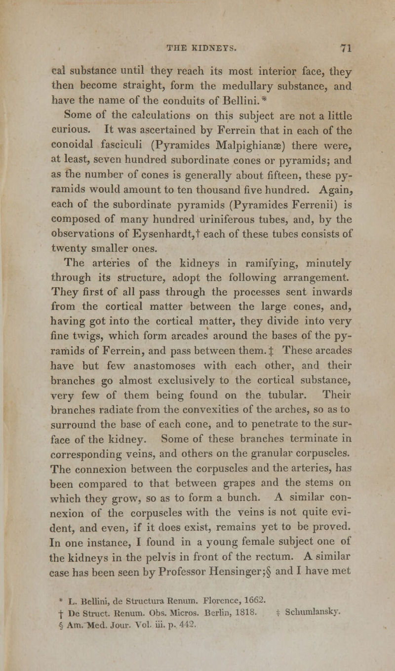 cal substance until they reach its most interior face, they then become straight, form the medullary substance, and have the name of the conduits of Bellini.* Some of the calculations on this subject are not a little curious. It was ascertained by Ferrein that in each of the conoidal fasciculi (Pyramides Malpighianae) there were, at least, seven hundred subordinate cones or pyramids; and as the number of cones is generally about fifteen, these py- ramids would amount to ten thousand five hundred. Again, each of the subordinate pyramids (Pyramides Ferrenii) is composed of many hundred uriniferous tubes, and, by the observations of Eysenhardt,t each of these tubes consists of twenty smaller ones. The arteries of the kidneys in ramifying, minutely through its structure, adopt the following arrangement. They first of all pass through the processes sent inwards from the cortical matter between the large cones, and, having got into the cortical matter, they divide into very fine twigs, which form arcades around the bases of the py- ramids of Ferrein, and pass between them. % These arcades have but few anastomoses with each other, and their branches go almost exclusively to the cortical substance, very few of them being found on the tubular. Their branches radiate from the convexities of the arches, so as to surround the base of each cone, and to penetrate to the sur- face of the kidney. Some of these branches terminate in corresponding veins, and others on the granular corpuscles. The connexion between the corpuscles and the arteries, has been compared to that between grapes and the stems on which they grow, so as to form a bunch. A similar con- nexion of the corpuscles with the veins is not quite evi- dent, and even, if it does exist, remains yet to be proved. In one instance, I found in a young female subject one of the kidneys in the pelvis in front of the rectum. A similar case has been seen by Professor Hensinger;§ and I have met * L. Bellini, de Structura Renum. Florence, 1662. t De Struct. Renum. Obs. Micros. Berlin, 1818. $ Schumlansky. § Am. Med. Jour. Vol. iii. p. 4 12.