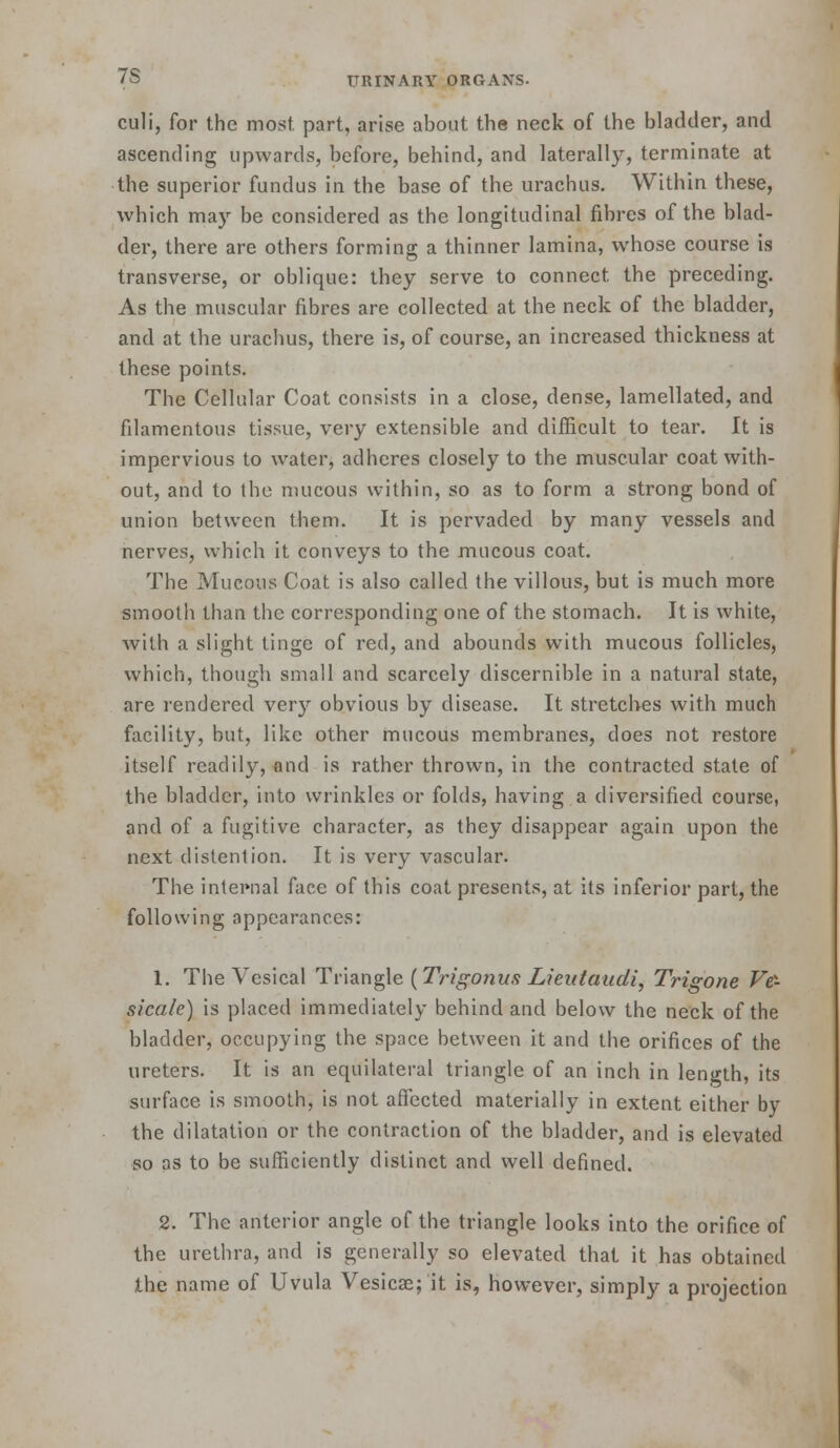 7S culi, for the most part, arise about the neck of the bladder, and ascending upwards, before, behind, and laterally, terminate at the superior fundus in the base of the urachus. Within these, which may be considered as the longitudinal fibres of the blad- der, there are others forming a thinner lamina, whose course is transverse, or oblique: they serve to connect the preceding. As the muscular fibres are collected at the neck of the bladder, and at the urachus, there is, of course, an increased thickness at these points. The Cellular Coat consists in a close, dense, lamellated, and filamentous tissue, very extensible and difficult to tear. It is impervious to water, adheres closely to the muscular coat with- out, and to the mucous within, so as to form a strong bond of union between them. It is pervaded by many vessels and nerves, which it conveys to the mucous coat. The Mucous Coat is also called the villous, but is much more smooth than tiic corresponding one of the stomach. It is white, with a slight tinge of red, and abounds with mucous follicles, which, though small and scarcely discernible in a natural state, are rendered very obvious by disease. It stretches with much facility, but, like other mucous membranes, does not restore itself readily, and is rather thrown, in the contracted state of the bladder, into wrinkles or folds, having a diversified course, and of a fugitive character, as they disappear again upon the next distention. It is very vascular. The internal face of this coat presents, at its inferior part, the following appearances: 1. The Vesical Tvhngle {Trigonus Lieittaudi, Trigone Ve- sicale) is placed immediately behind and below the neck of the bladder, occupying the space between it and the orifices of the ureters. It is an equilateral triangle of an inch in length, its surface is smooth, is not affected materially in extent either by the dilatation or the contraction of the bladder, and is elevated so as to be sufficiently distinct and well defined. 2. The anterior angle of the triangle looks into the orifice of the urethra, and is generally so elevated that it has obtained the name of Uvula Vesicae; it is, however, simply a projection