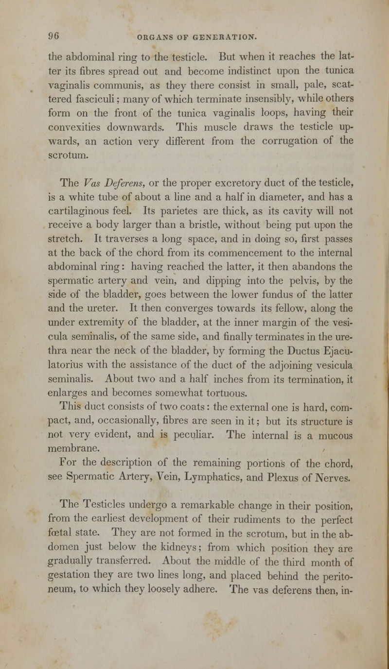 the abdominal ring to the testicle. But when it reaches the lat- ter its fibres spread out and become indistinct upon the tunica vaginalis communis, as they there consist in small, pale, scat- tered fasciculi; many of which terminate insensibly, while others form on the front of the tunica vaginalis loops, having their convexities downwards. This muscle draws the testicle up- wards, an action very different from the corrugation of the scrotum. The Vas Deferens, or the proper excretory duct of the testicle, is a white tube of about a line and a half in diameter, and has a cartilaginous feel. Its parietes are thick, as its cavity will not receive a body larger than a bristle, without being put upon the stretch. It traverses a long space, and in doing so, first passes at the back of the chord from its commencement to the internal abdominal ring: having reached the latter, it then abandons the spermatic artery and vein, and dipping into the pelvis, by the side of the bladder, goes between the lower fundus of the latter and the ureter. It then converges towards its fellow, along the under extremity of the bladder, at the inner margin of the vesi- cula seminalis, of the same side, and finally terminates in the ure- thra near the neck of the bladder, by forming the Ductus Ejacu- latorius with the assistance of the duct of the adjoining vesicula seminalis. About two and a half inches from its termination, it enlarges and becomes somewhat tortuous. This duct consists of two coats: the external one is hard, com- pact, and, occasionally, fibres are seen in it; but its structure is not very evident, and is pecuUar. The internal is a mucous membrane. For the description of the remaining portions of the chord, see Spermatic Artery, Vein, Lymphatics, and Plexus of Nerves. The Testicles undergo a remarkable change in their position, from the earliest development of their rudiments to the perfect foetal state. They are not formed in the scrotum, but in the ab- domen just below the kidneys; from which position they are gradually transferred. About the middle of the third month of gestation they are two lines long, and placed behind the perito- neum, to which they loosely adhere. The vas deferens then, in-