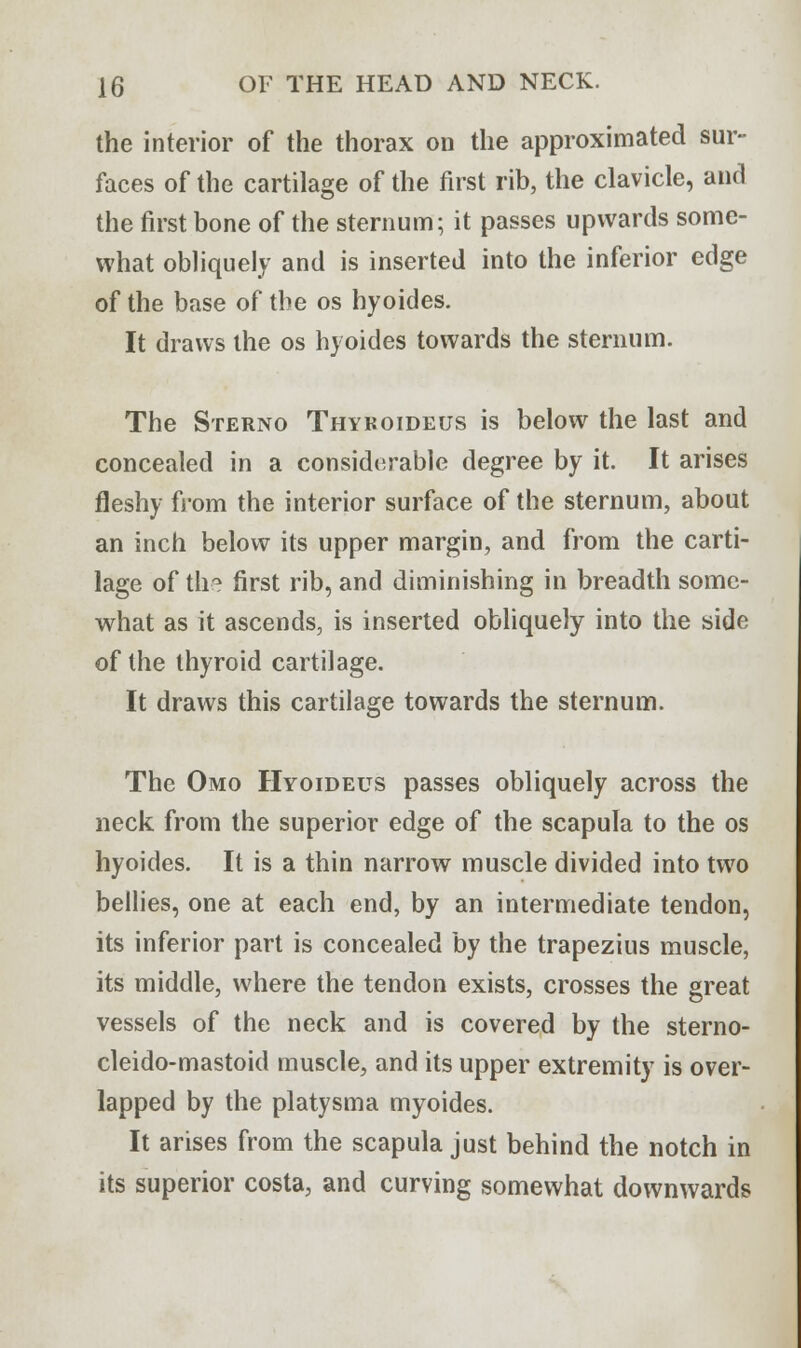 the interior of the thorax on the approximated sur- faces of the cartilage of the first rib, the clavicle, and the first bone of the sternum; it passes upwards some- what obliquely and is inserted into the inferior edge of the base of the os hyoides. It draws the os hyoides towards the sternum. The Sterno Thykoideus is below the last and concealed in a considerable degree by it. It arises fleshy from the interior surface of the sternum, about an inch below its upper margin, and from the carti- lage of th° first rib, and diminishing in breadth some- what as it ascends, is inserted obliquely into the side of the thyroid cartilage. It draws this cartilage towards the sternum. The Omo Hyoideus passes obliquely across the neck from the superior edge of the scapula to the os hyoides. It is a thin narrow muscle divided into two bellies, one at each end, by an intermediate tendon, its inferior part is concealed by the trapezius muscle, its middle, where the tendon exists, crosses the great vessels of the neck and is covered by the sterno- cleido-mastoid muscle, and its upper extremity is over- lapped by the platysma myoides. It arises from the scapula just behind the notch in its superior costa, and curving somewhat downwards