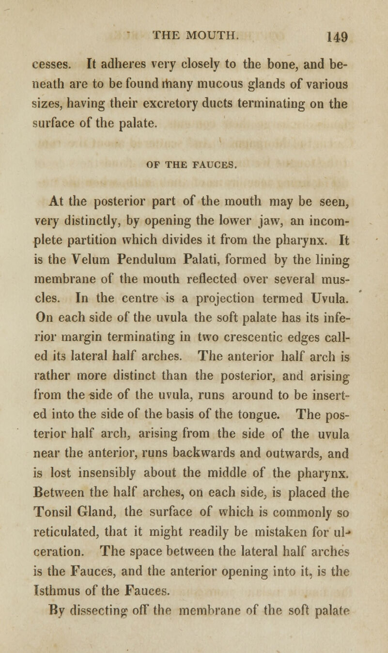 cesses. It adheres very closely to the bone, and be- neath are to be found rhany mucous glands of various sizes, having their excretory ducts terminating on the surface of the palate. OF THE FAUCES. At the posterior part of the mouth may be seen, very distinctly, by opening the lower jaw, an incom- plete partition which divides it from the pharynx. It is the Velum Pendulum Palati, formed by the lining membrane of the mouth reflected over several mus- cles. In the centre is a projection termed Uvula. On each side of the uvula the soft palate has its infe- rior margin terminating in two crescentic edges call- ed its lateral half arches. The anterior half arch is rather more distinct than the posterior, and arising from the side of the uvula, runs around to be insert- ed into the side of the basis of the tongue. The pos- terior half arch, arising from the side of the uvula near the anterior, runs backwards and outwards, and is lost insensibly about the middle of the pharynx. Between the half arches, on each side, is placed the Tonsil Gland, the surface of which is commonly so reticulated, that it might readily be mistaken for ul- ceration. The space between the lateral half arches is the Fauces, and the anterior opening into it, is the Isthmus of the Fauces. By dissecting: off the membrane of the soft palate