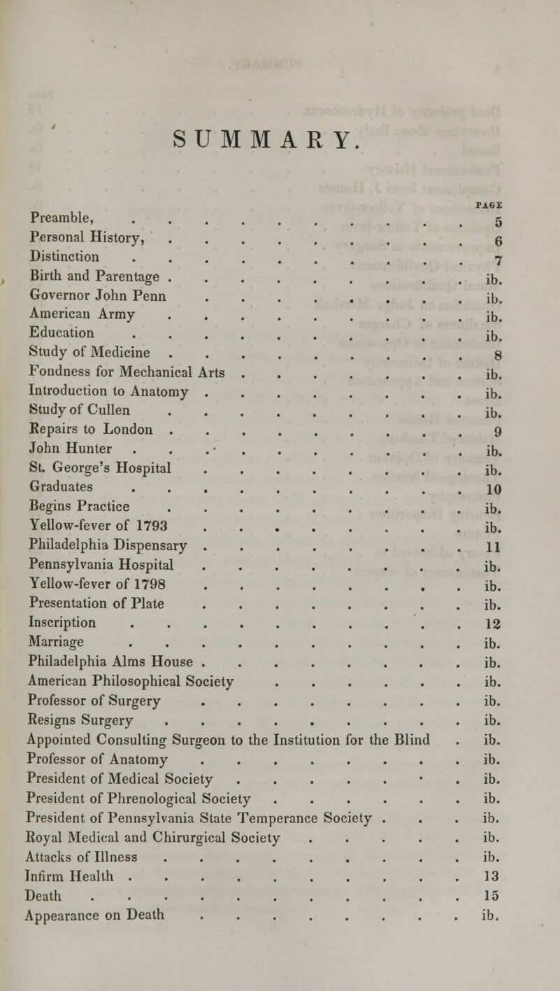 SUMMARY. Preamble, Personal History, Distinction Birth and Parentage . Governor John Penn American Army Education Study of Medicine . Fondness for Mechanical Arts Introduction to Anatomy Study of Cullen Repairs to London . John Hunter St. George's Hospital Graduates Begins Practice Yellow-fever of 1793 Philadelphia Dispensary Pennsylvania Hospital Yellow-fever of 1798 Presentation of Plate Inscription Marriage Philadelphia Alms House American Philosophical Society Professor of Surgery Resigns Surgery Appointed Consulting Surgeon to the Institution for the Professor of Anatomy President of Medical Society President of Phrenological Society President of Pennsylvania State Temperance Society Royal Medical and Chirurgical Society Attacks of Illness .... Infirm Health ..... Death Appearance on Death Blind