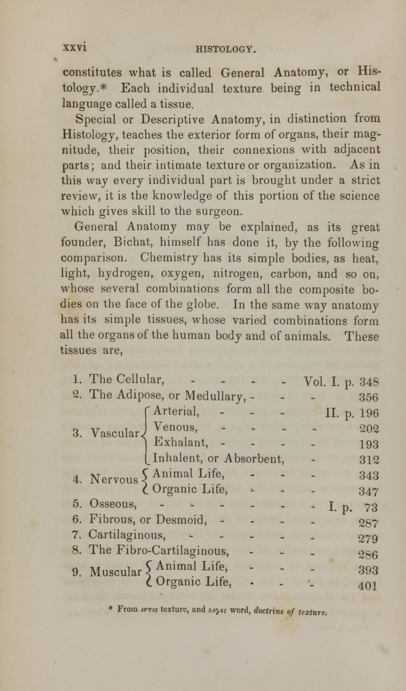 constitutes what is called General Anatomy, or His- tology.* Each individual texture being in technical language called a tissue. Special or Descriptive Anatomy, in distinction from Histology, teaches the exterior form of organs, their mag- nitude, their position, their connexions with adjacent parts; and their intimate texture or organization. As in this way every individual part is brought under a strict review, it is the knowledge of this portion of the science which gives skill to the surgeon. General Anatomy may be explained, as its great founder, Bichat, himself has done it, by the following comparison. Chemistry has its simple bodies, as heat, light, hydrogen, oxygen, nitrogen, carbon, and so on, whose several combinations form all the composite bo- dies on the face of the globe. In the same way anatomy has its simple tissues, whose varied combinations form all the organs of the human body and of animals. These tissues are, 1. The Cellular, .... y^ i p< 348 2. The Adipose, or Medullary, - 356 f Arterial, - II. p. 196 3. VascularJ ^enof' fc 202 ] Lxhalant, - 193 (^Inhalent, or Absorbent, - 312 4. Nervous $AmmalLife' '  ^ C Organic Life, ■- 347 5. Osseous, - -- - - . - I. p. 73 6. Fibrous, or Desmoid, - 287 7. Cartilaginous, - 279 8. The Fibro-Cartilaginous, - o§g 9. Muscular \ ^nimal Life'  - 393 C Organic Life, - - •_ 401 * From ivm texture, and \oyot word, doctrine of texture.