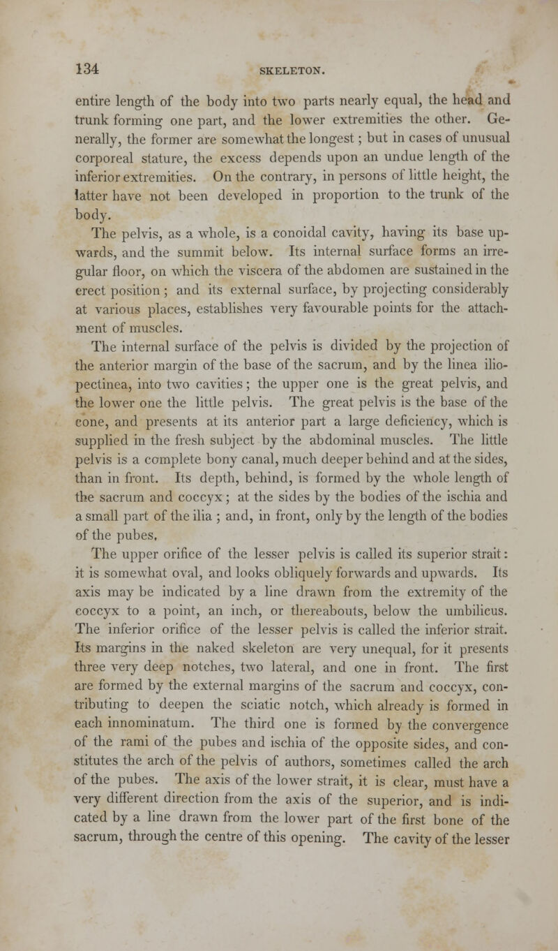 entire length of the body into two parts nearly equal, the head and trunk forming one part, and the lower extremities the other. Ge- nerally, the former are somewhat the longest; but in cases of unusual corporeal stature, the excess depends upon an undue length of the inferior extremities. On the contrary, in persons of little height, the latter have not been developed in proportion to the trunk of the body. The pelvis, as a whole, is a conoidal cavity, having its base up- wards, and the summit below. Its internal surface forms an irre- gular floor, on which the viscera of the abdomen are sustained in (he erect position ; and its external surface, by projecting considerably at various places, establishes very favourable points for the attach- ment of muscles. The internal surface of the pelvis is divided by the projection of the anterior margin of the base of the sacrum, and by the linea ilio- pectinea, into two cavities; the upper one is the great pelvis, and the lower one the little pelvis. The great pelvis is the base of the cone, and presents at its anterior part a large deficiency, which is supplied in the fresh subject by the abdominal muscles. The little pelvis is a complete bony canal, much deeper behind and at the sides, than in front. Its depth, behind, is formed by the whole length of the sacrum and coccyx; at the sides by the bodies of the ischia and a small part of the ilia ; and, in front, only by the length of the bodies of the pubes, The upper orifice of the lesser pelvis is called its superior strait: it is somewhat oval, and looks obliquely forwards and upwards. Its axis may be indicated by a line drawn from the extremity of the coccyx to a point, an inch, or thereabouts, below the umbilicus. The inferior orifice of the lesser pelvis is called the inferior strait. Its margins in the naked skeleton are very unequal, for it presents three very deep notches, two lateral, and one in front. The first are formed by the external margins of the sacrum and coccyx, con- tributing to deepen the sciatic notch, which already is formed in each innominatum. The third one is formed by the convergence of the rami of the pubes and ischia of the opposite sides, and con- stitutes the arch of the pelvis of authors, sometimes called the arch of the pubes. The axis of the lower strait, it is clear, must have a very different direction from the axis of the superior, and is indi- cated by a line drawn from the lower part of the first bone of the sacrum, through the centre of this opening. The cavity of the lesser